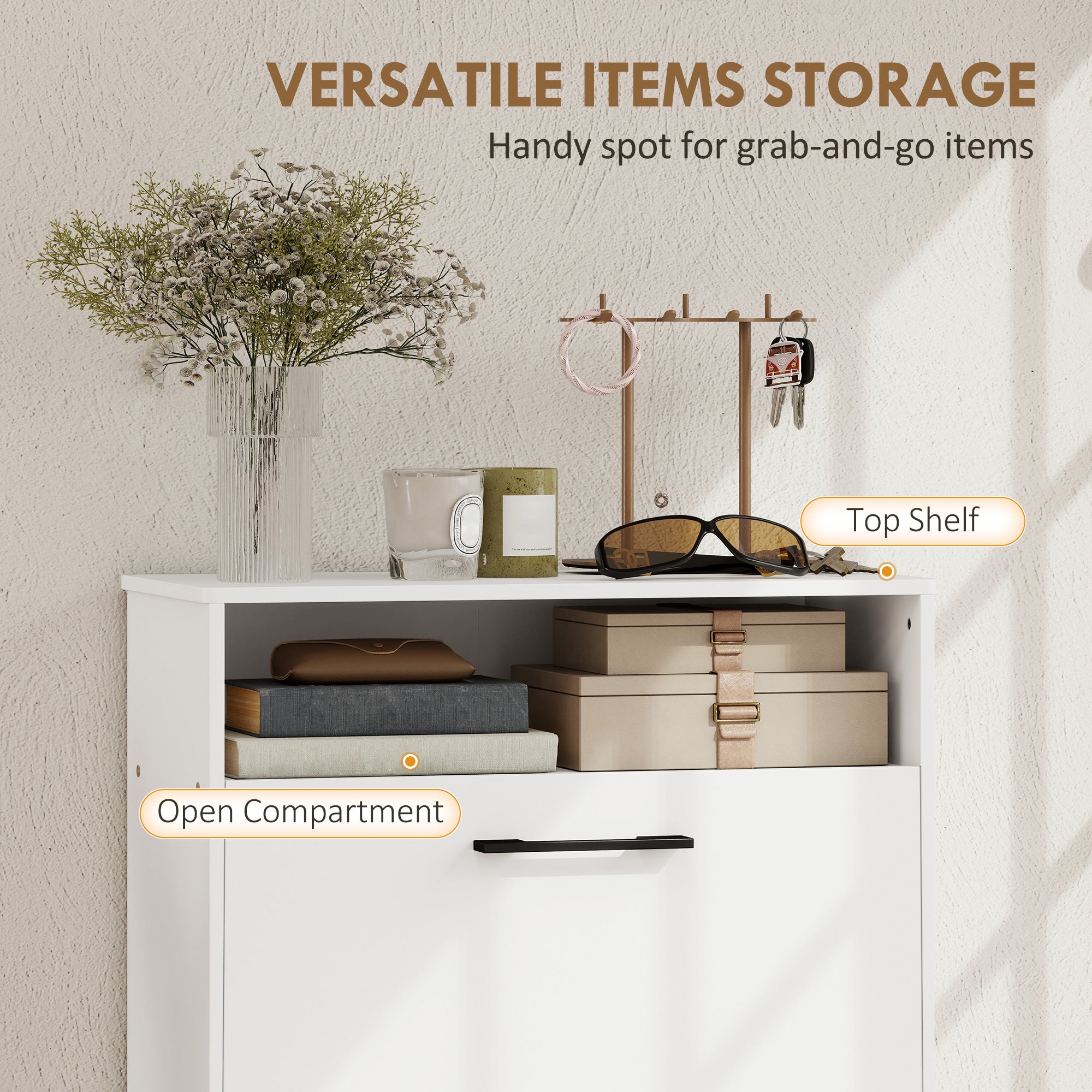 Shoe Cabinet with 2 Flip Drawers and Open Shelf, Narrow Shoe Storage Cabinet with Adjustable Dividers, Entryway Shoe Storage Unit for up to 12 Pairs for Hallway, White