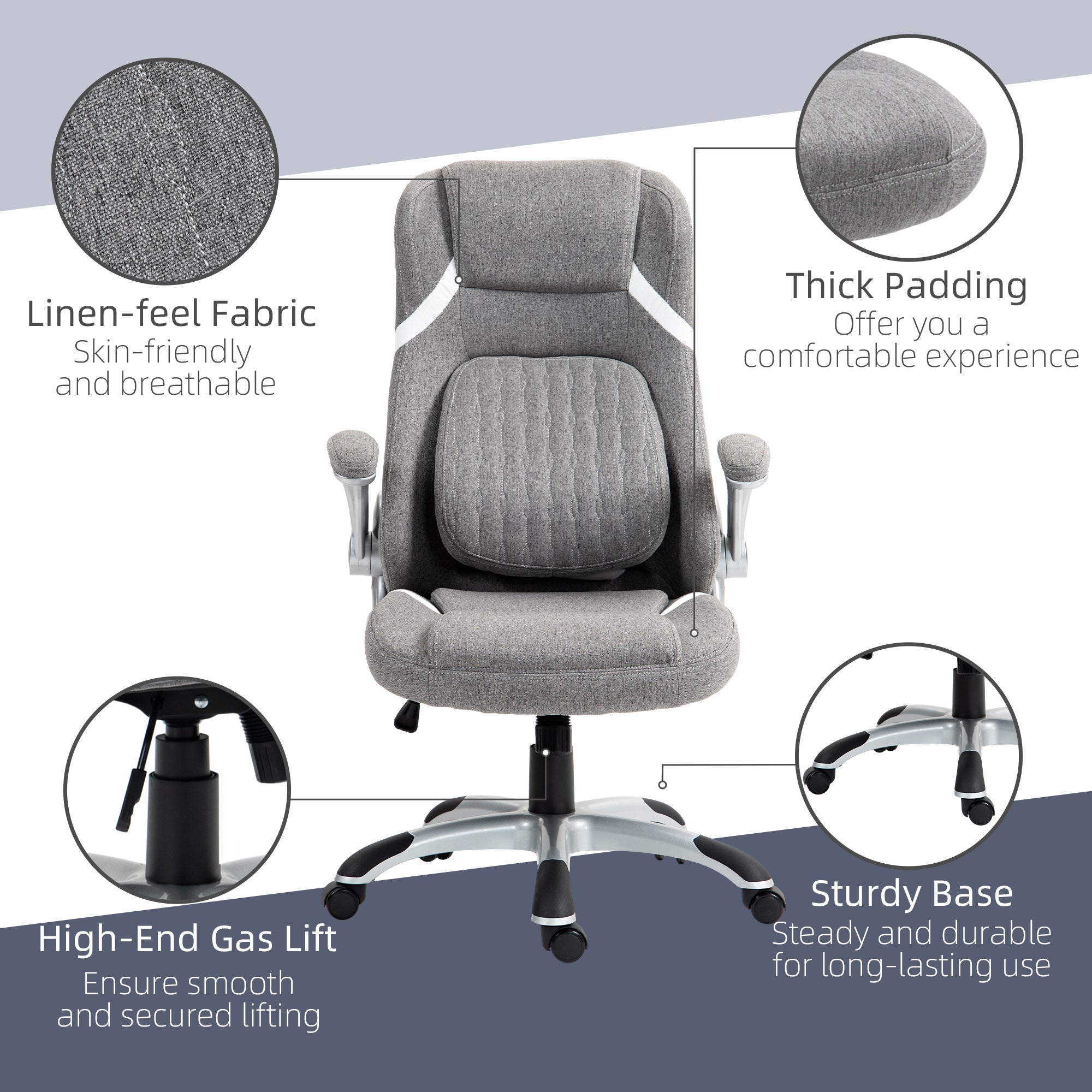 Vinsetto High Back Executive Office Chair, Fabric Office Desk Chair with Flip-up Armrests, Adjustable Lumbar Support and Tilt Function, Grey