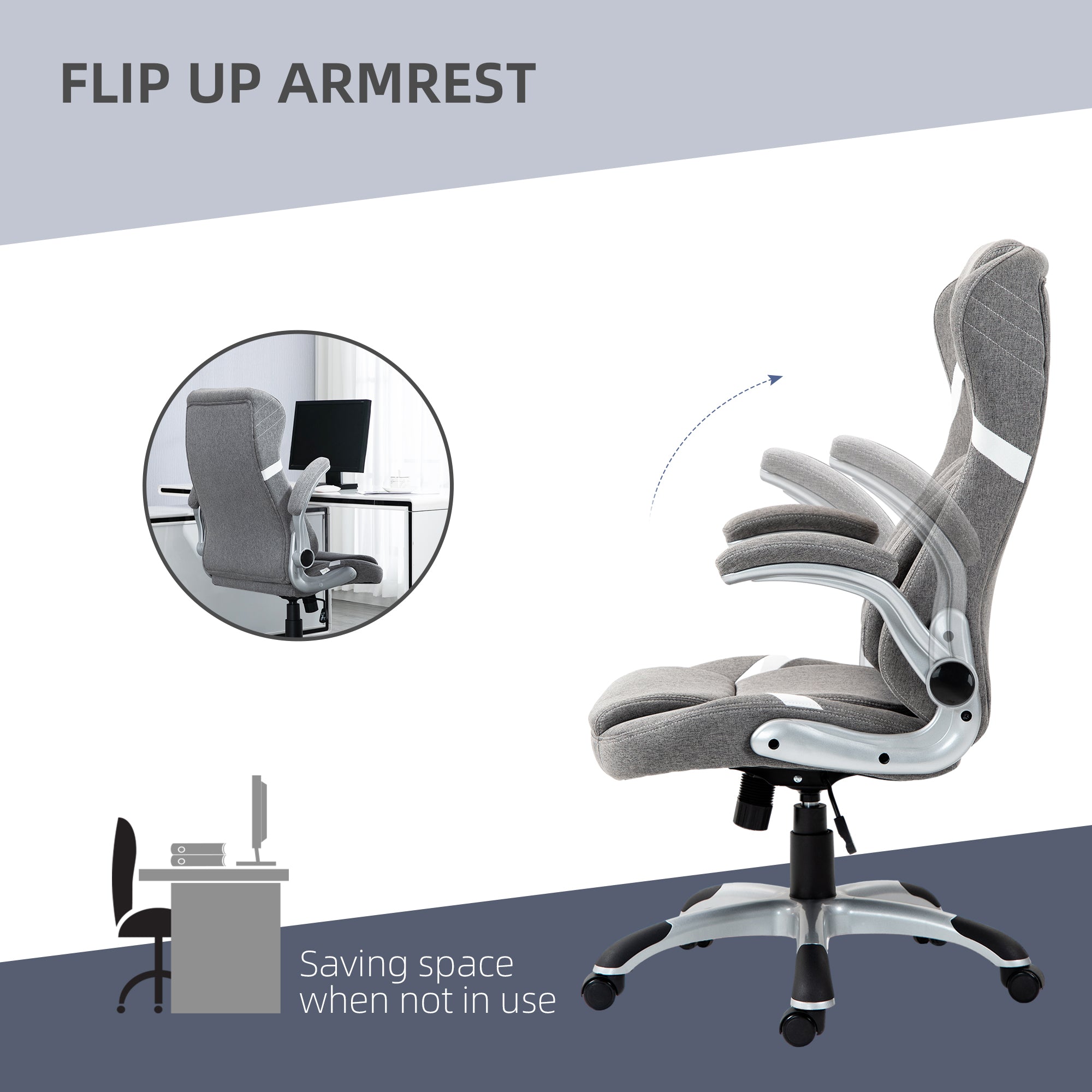 Vinsetto High Back Executive Office Chair, Fabric Office Desk Chair with Flip-up Armrests, Adjustable Lumbar Support and Tilt Function, Grey