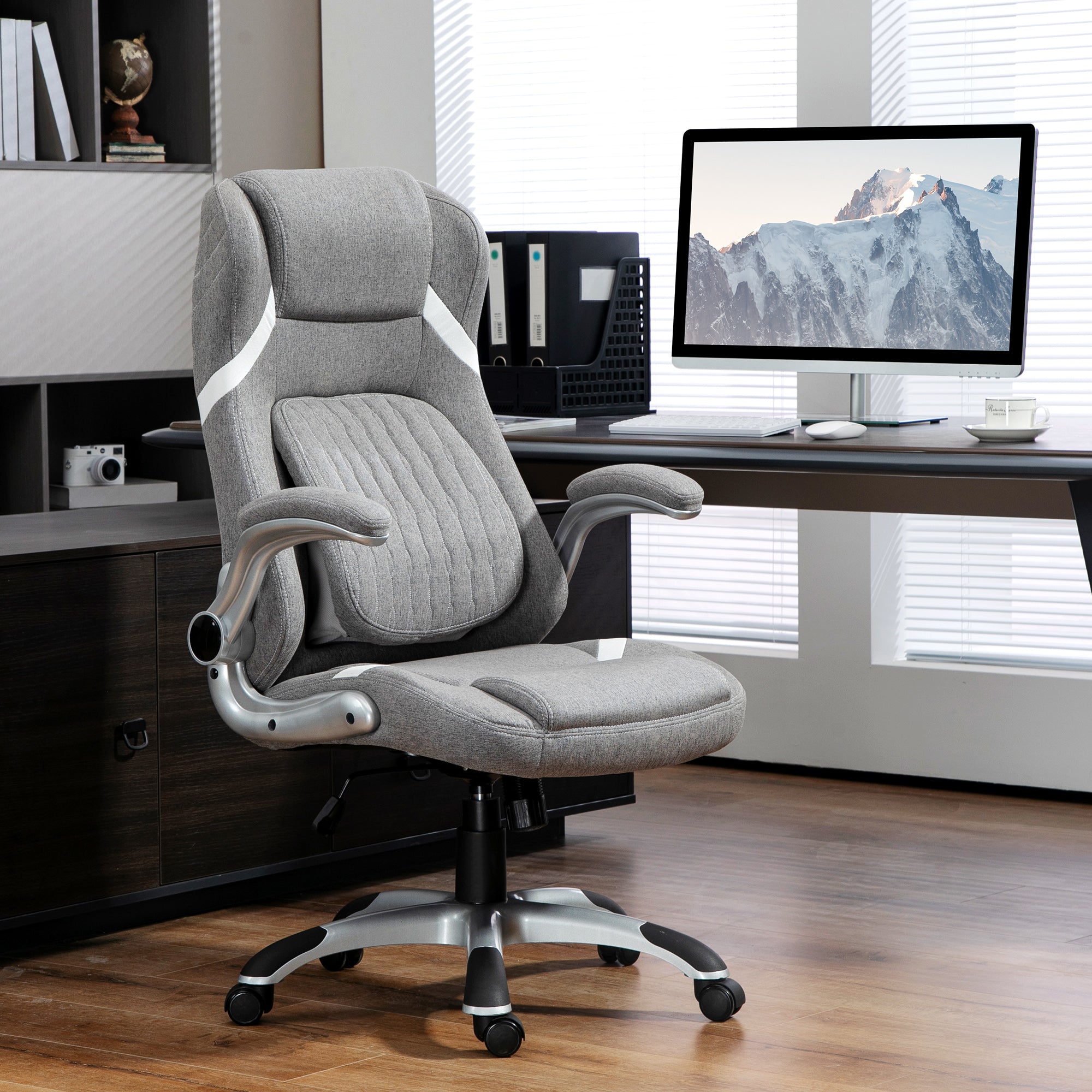 Vinsetto High Back Executive Office Chair, Fabric Office Desk Chair with Flip-up Armrests, Adjustable Lumbar Support and Tilt Function, Grey