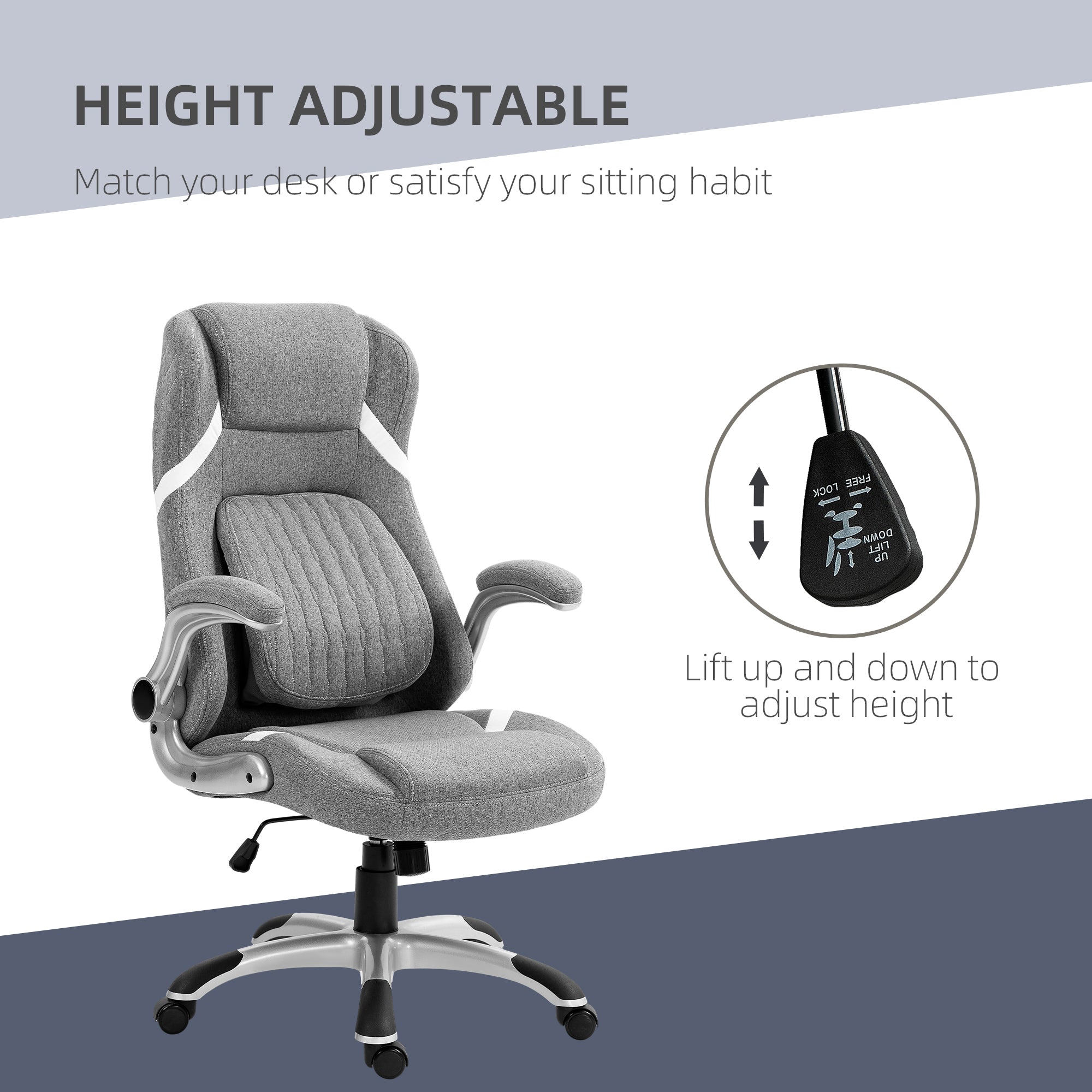 Vinsetto High Back Executive Office Chair, Fabric Office Desk Chair with Flip-up Armrests, Adjustable Lumbar Support and Tilt Function, Grey