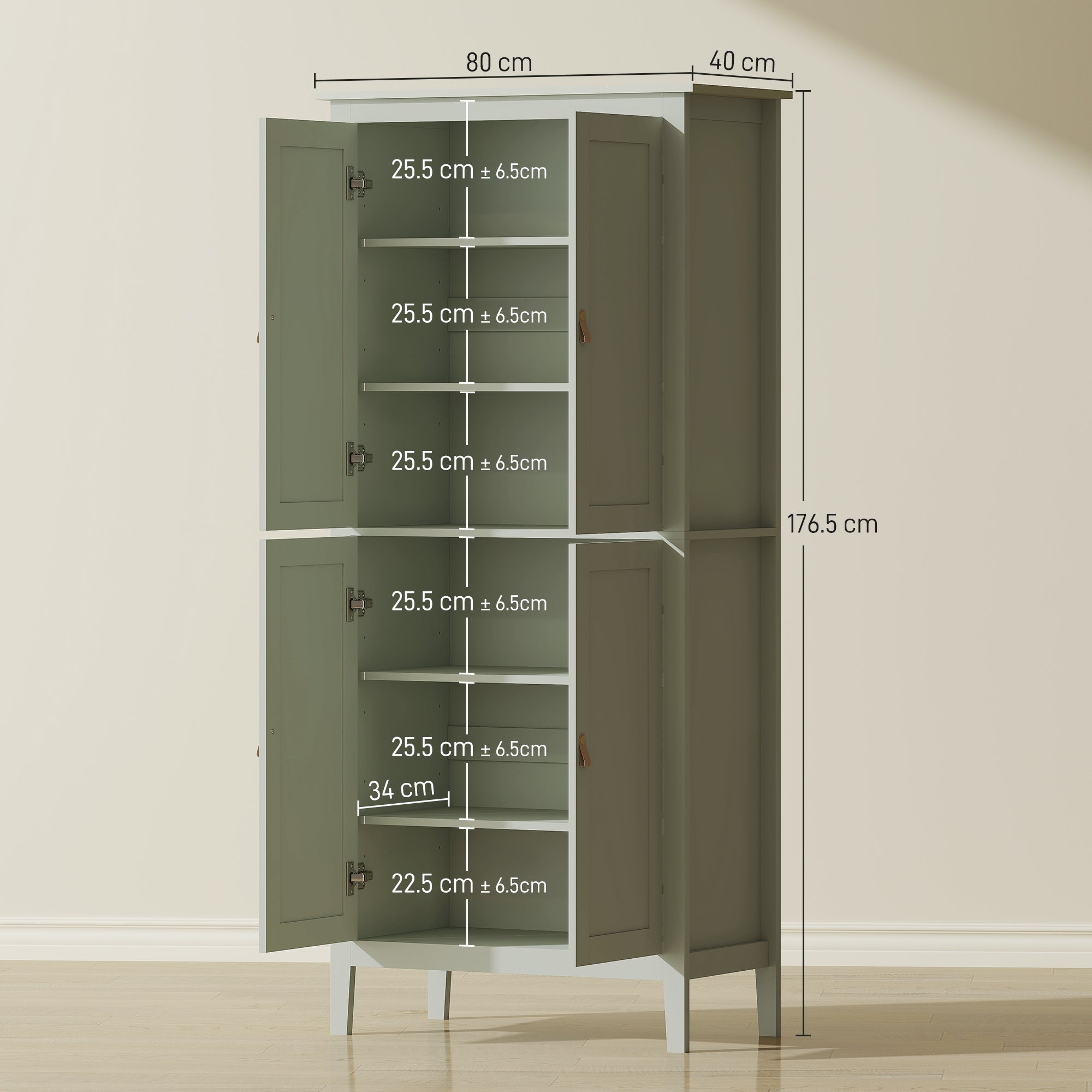 Tall Kitchen Cupboard with Motion Sensor LED Light, 3-Colour Dimmable Lighting, 177 cm Freestanding Storage Cabinet with Doors and Adjustable Shelves, Green