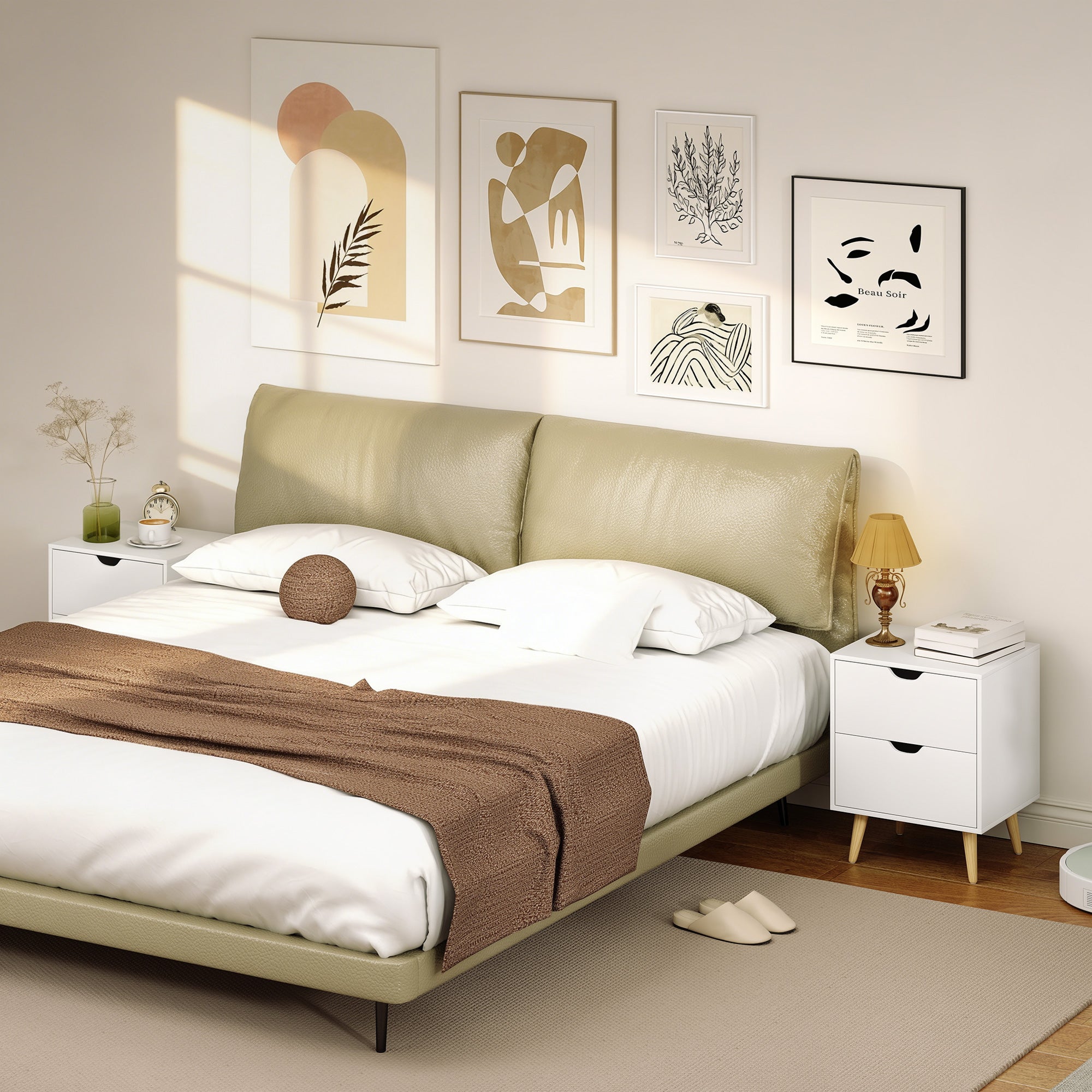 Modern Nightstand Set of 2, Bedside Table with 2 Drawers, End Table with Pine Wood Legs for Bedroom, White