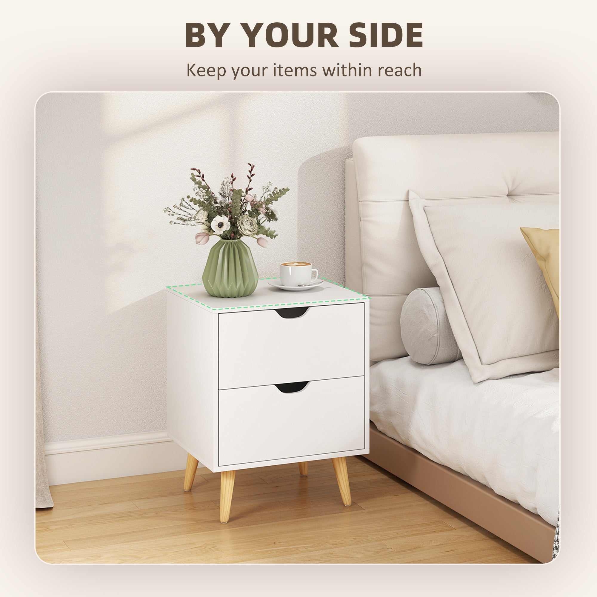 Modern Nightstand Set of 2, Bedside Table with 2 Drawers, End Table with Pine Wood Legs for Bedroom, White