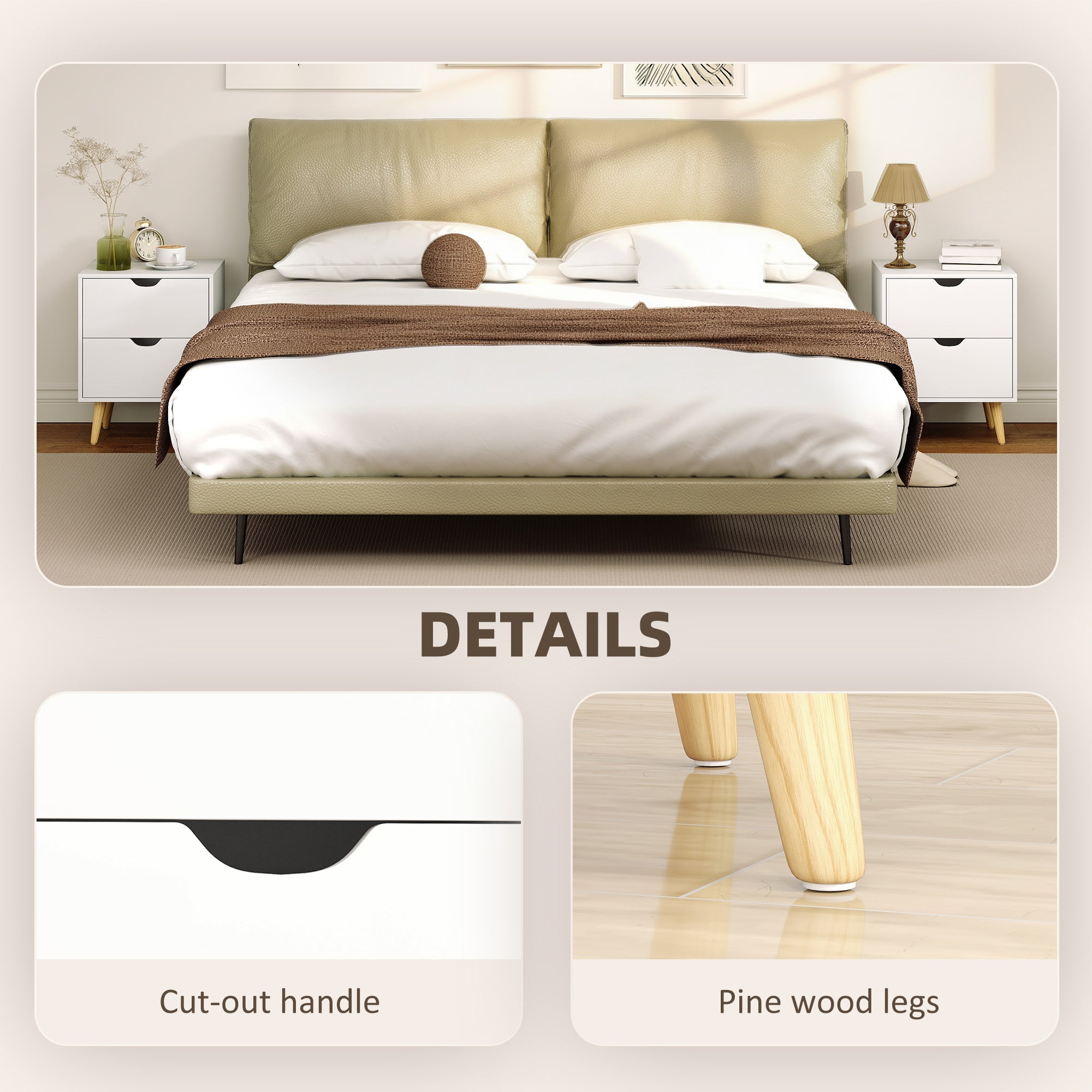 Modern Nightstand Set of 2, Bedside Table with 2 Drawers, End Table with Pine Wood Legs for Bedroom, White