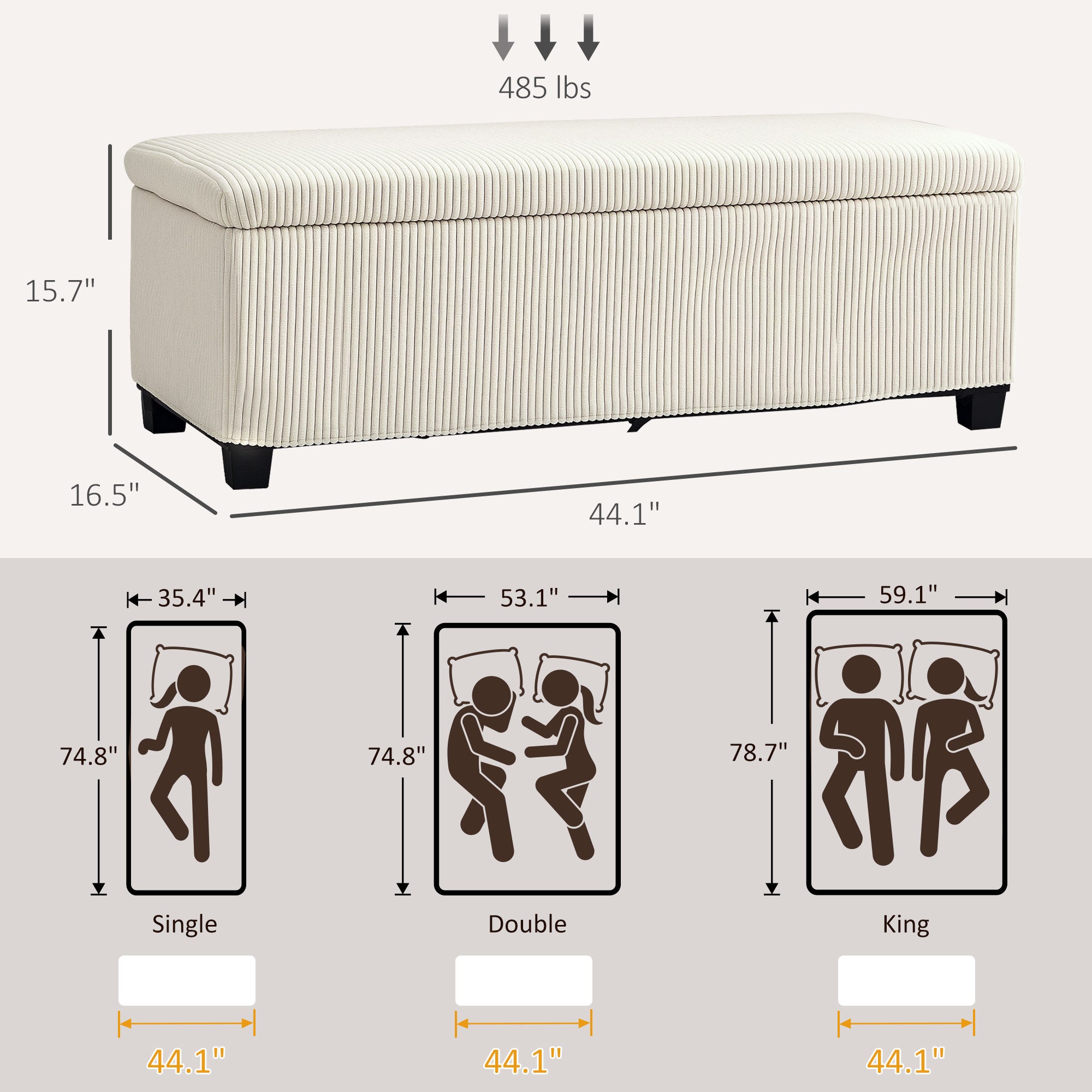 HOMCOM 44 Inches Storage Ottoman Bench, Foot Rest with Removable Lid, Legs, End of Bed Bench, Corduroy Storage Chest, Padded Seat, for Living Room, Bedroom, Entryway, Beige