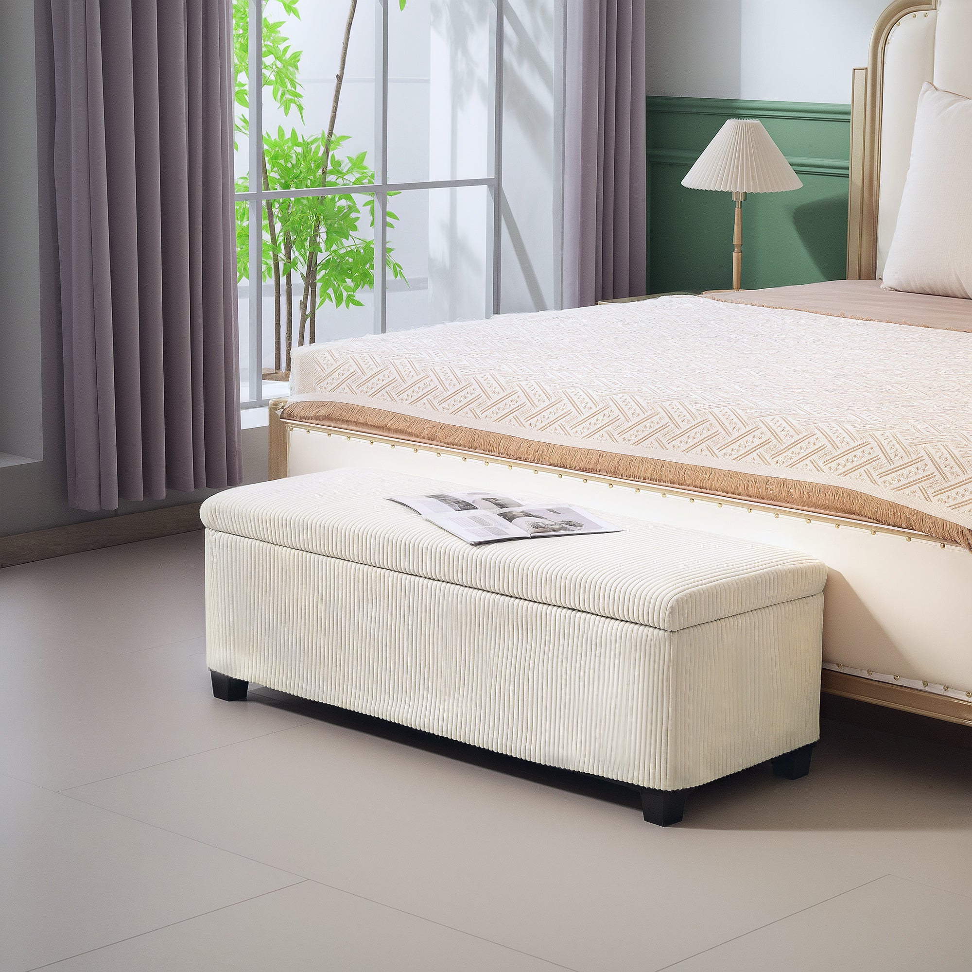 HOMCOM 44 Inches Storage Ottoman Bench, Foot Rest with Removable Lid, Legs, End of Bed Bench, Corduroy Storage Chest, Padded Seat, for Living Room, Bedroom, Entryway, Beige