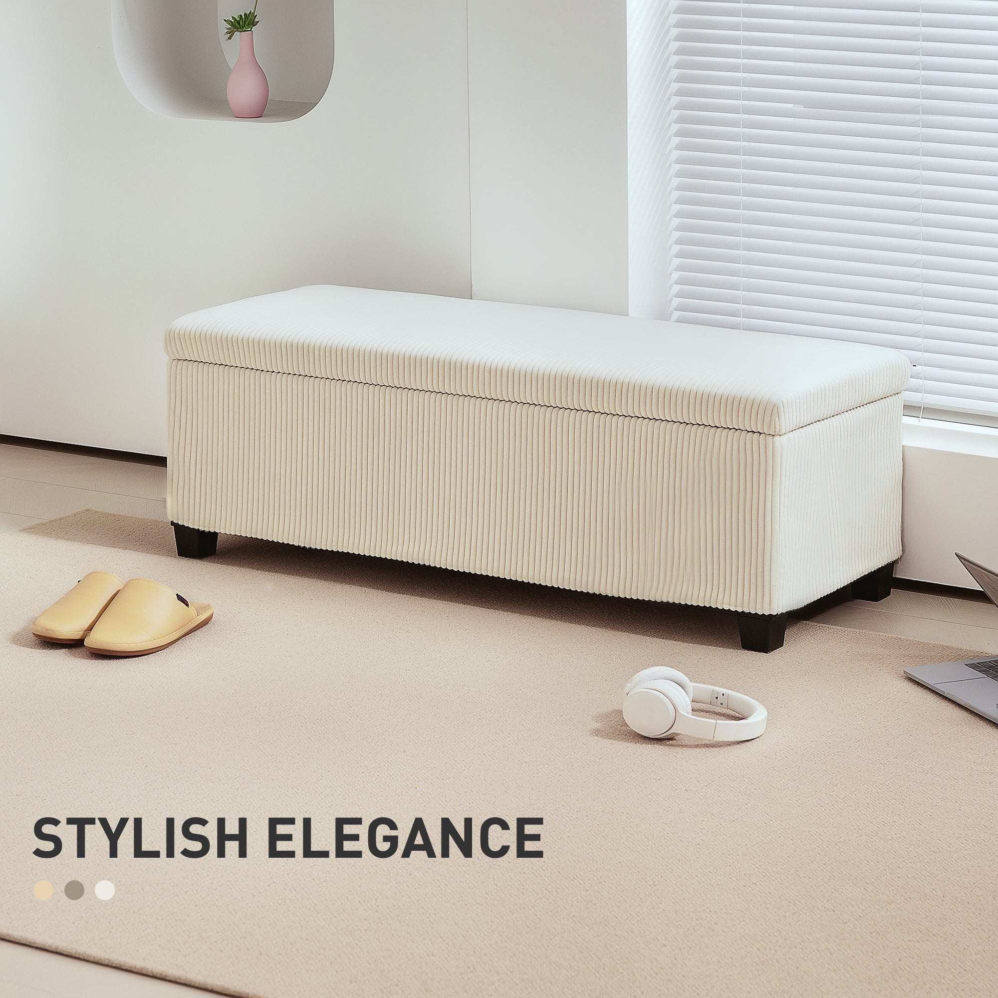 HOMCOM 44 Inches Storage Ottoman Bench, Foot Rest with Removable Lid, Legs, End of Bed Bench, Corduroy Storage Chest, Padded Seat, for Living Room, Bedroom, Entryway, Beige