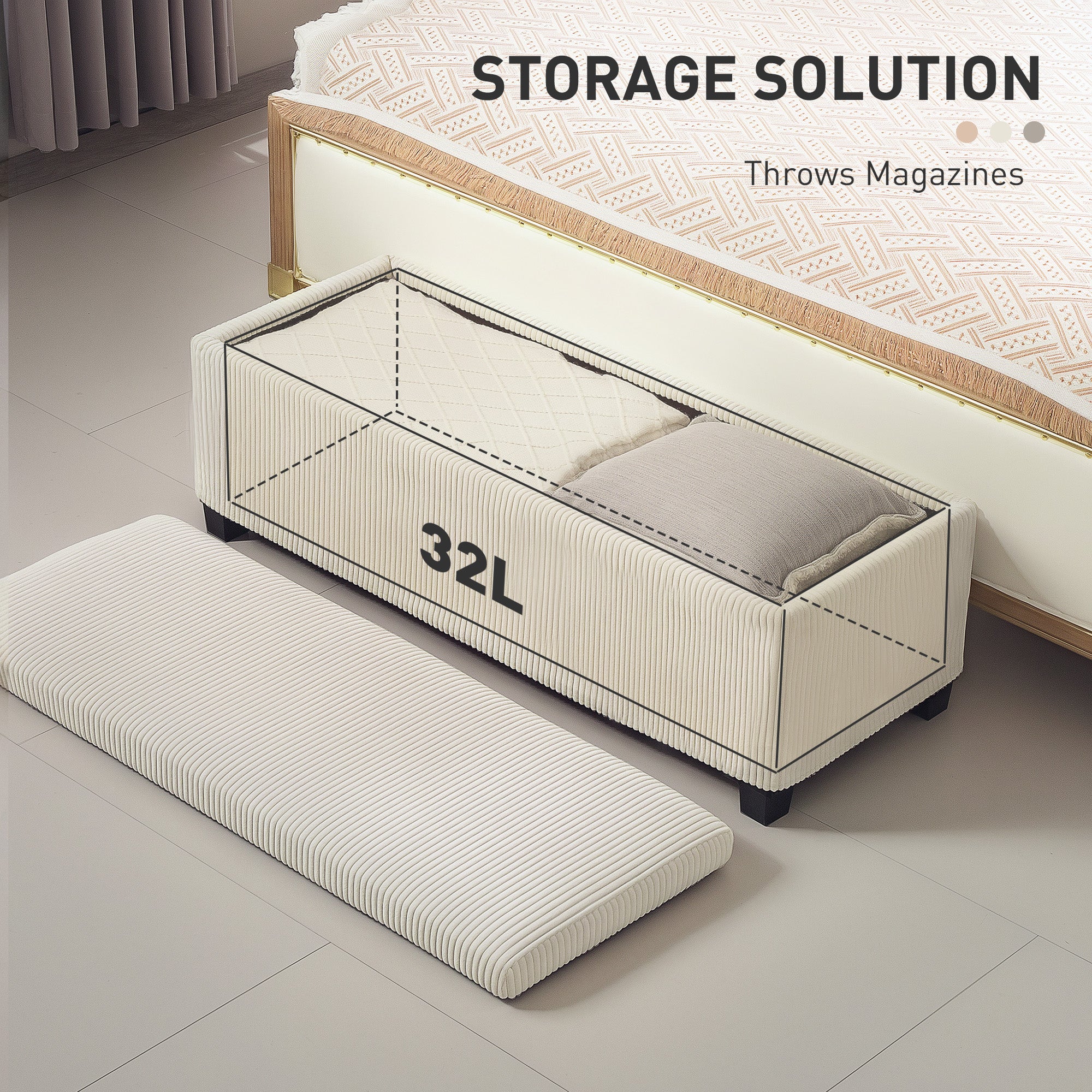 HOMCOM 44 Inches Storage Ottoman Bench, Foot Rest with Removable Lid, Legs, End of Bed Bench, Corduroy Storage Chest, Padded Seat, for Living Room, Bedroom, Entryway, Beige