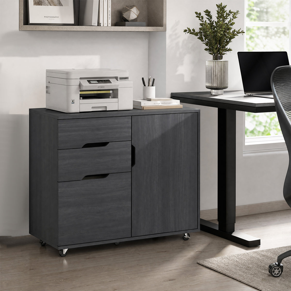 Lateral File Cabinet with Cabinet, Home Office Printer Stand, 3-Drawer Mobile Filing Cabinet, Lockable Wheels, Adjustable Shelf, for A4, Letter-Size Files, Black Wood Grain
