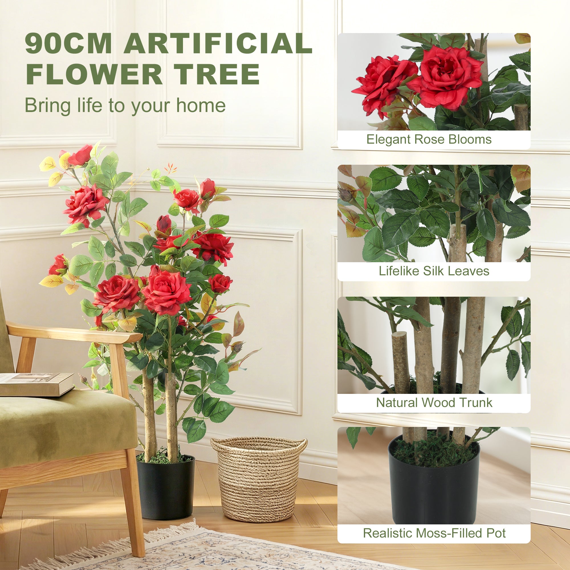 90cm Artificial Rose Tree, Decorative Fake Plant with 344 Silk Leaves and 17 Flowers, UV-Resistant Faux Tree for Outdoor Indoor Garden Porch Decor, Red