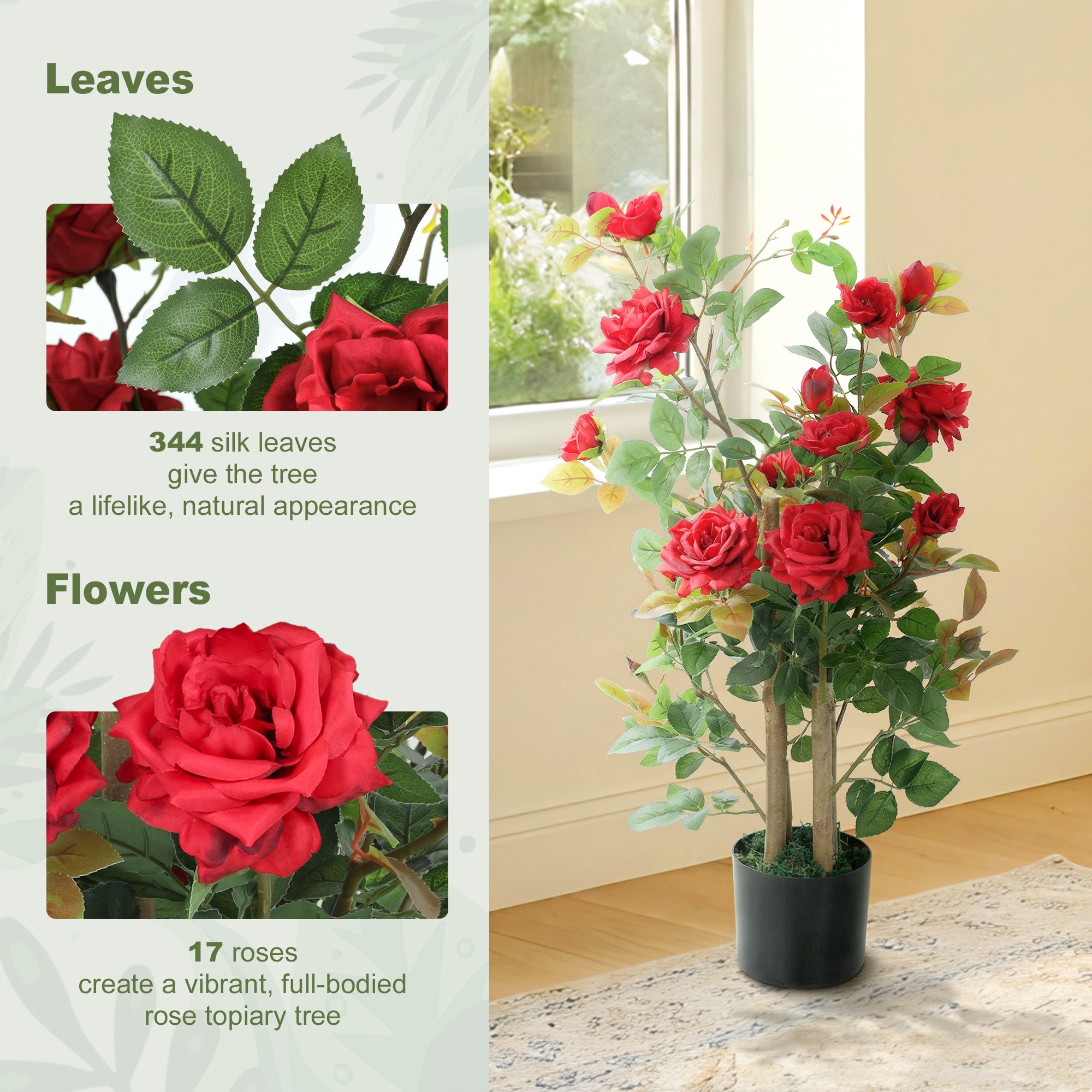 90cm Artificial Rose Tree, Decorative Fake Plant with 344 Silk Leaves and 17 Flowers, UV-Resistant Faux Tree for Outdoor Indoor Garden Porch Decor, Red