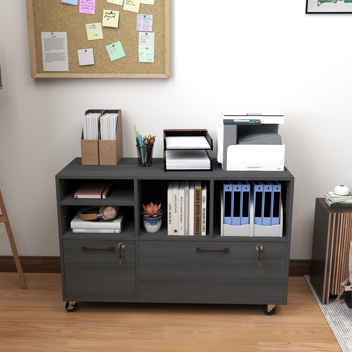 File Cabinet, 2 Drawer Mobile Lateral Filing Cabinet with Lock, Charging Station, Printer Stand with Shelves, Hanging Bars, Fits A4/Letter/Legal Size for Home Office, Black