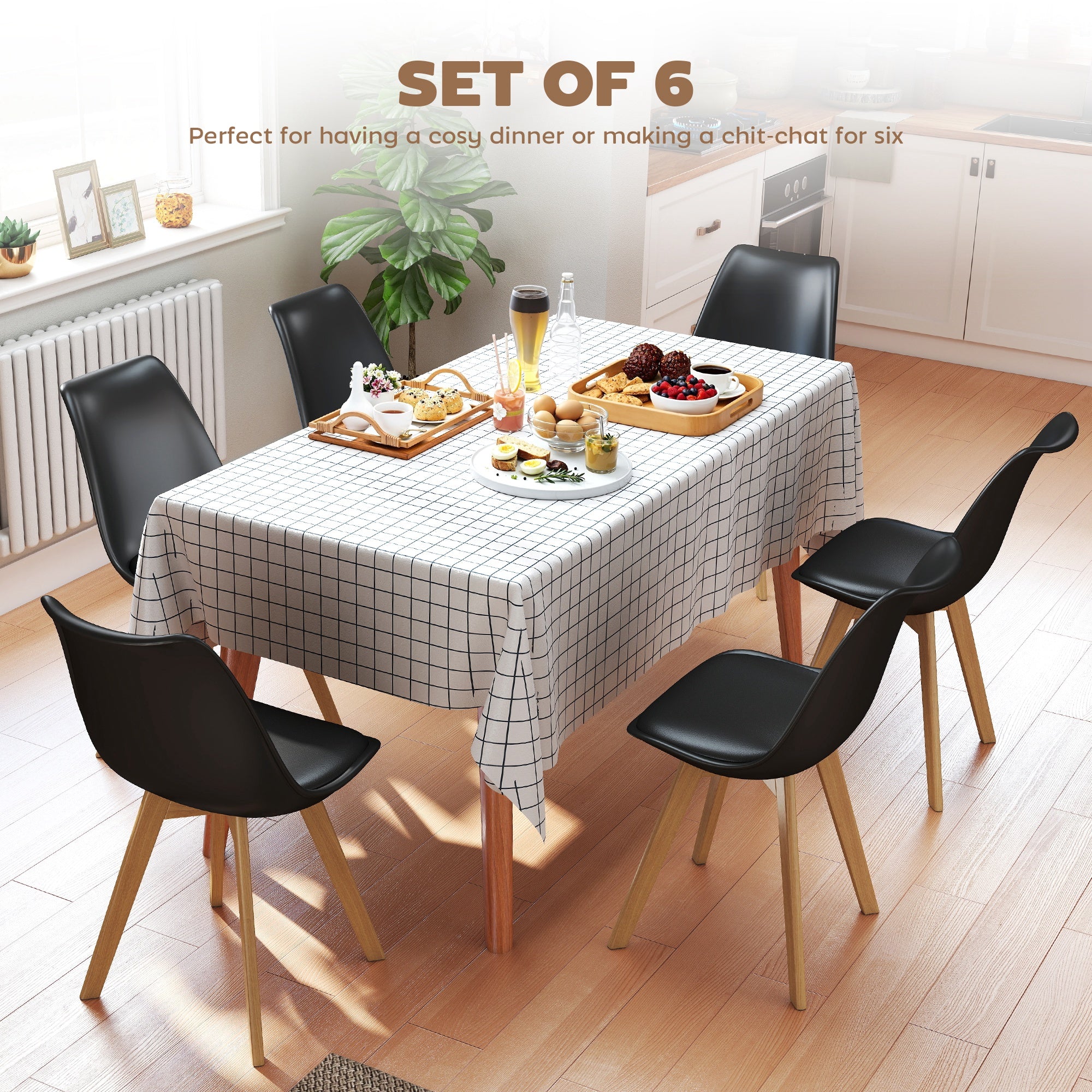 Dining Chairs Set of 6, Modern Kitchen Chairs with PU Leather Cushion and Wood Base, Upholstered Accent Chairs for Living Room and Dining Room, Black