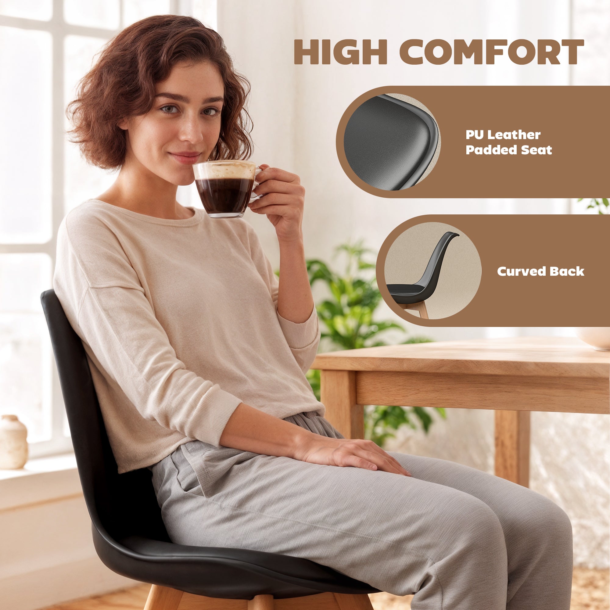 Dining Chairs Set of 6, Modern Kitchen Chairs with PU Leather Cushion and Wood Base, Upholstered Accent Chairs for Living Room and Dining Room, Black