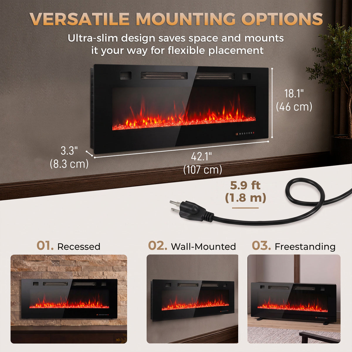 42" Electric Fireplace Insert, Ultra-Thin Recessed, Wall Mounted and Freestanding Fireplace w/ Flame Effect, Adjustable Brightness, Crystal Stone, Remote, 750W/1500W, Black