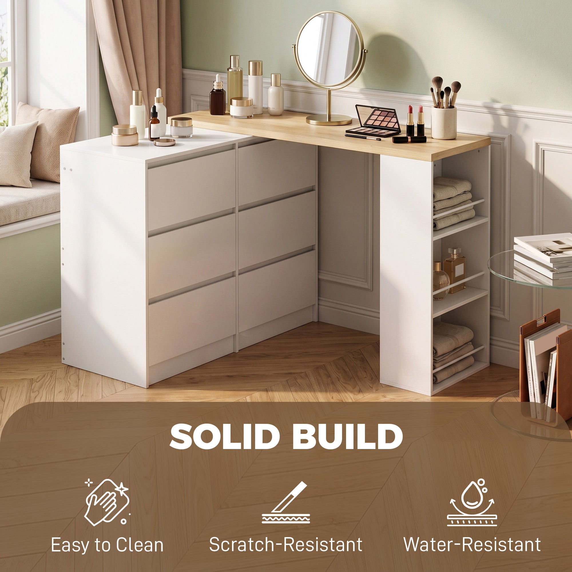 Dressing Table with 6 Drawers, 3-Tier Shelf, Straight or L-Shaped Layout, Makeup Desk for Bedroom, White