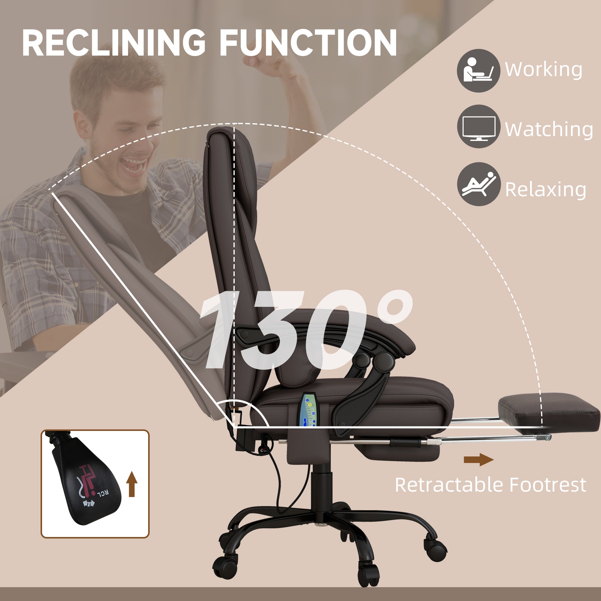 6 Vibrating Points Massage Office Chair, High Back Reclining Chair w/ Footrest, Brown