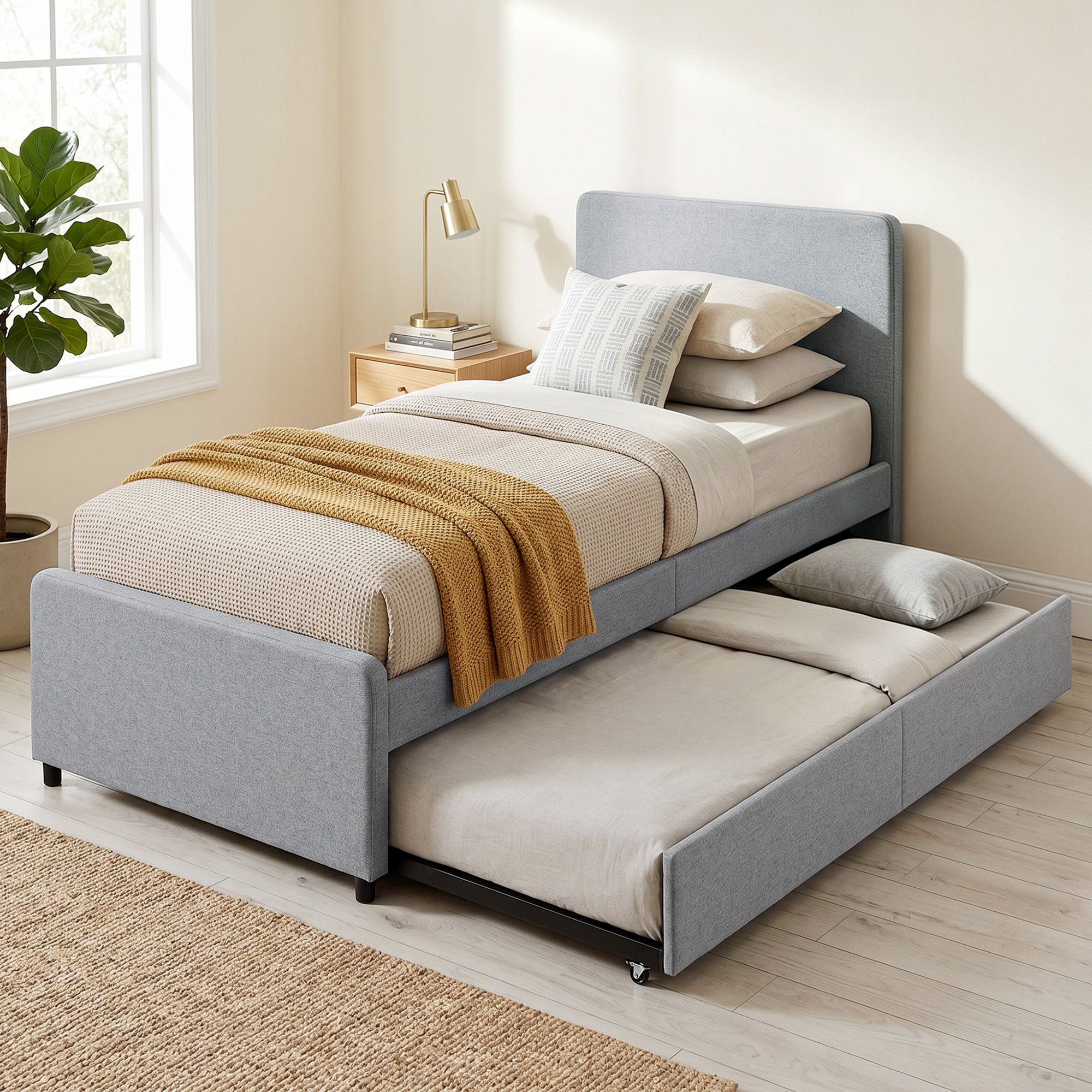 3ft Single Bed Frame with Trundle, Upholstered Pull Out Trundle Bed with Headboard and Footboard for Adults & Teenagers, 90 x 190 cm, No Mattress, Light Grey