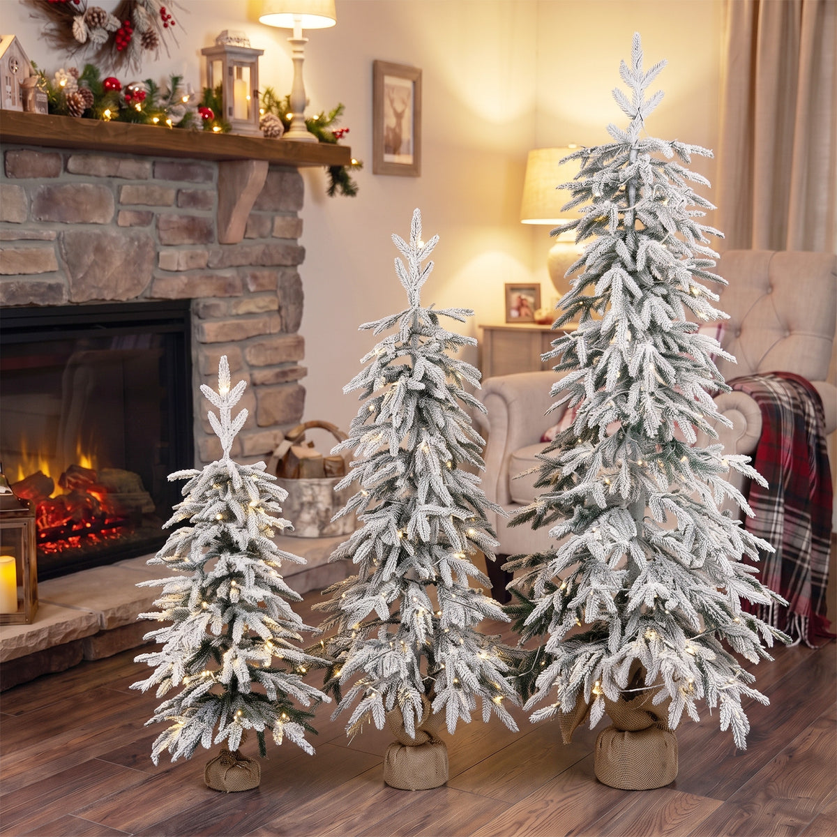 Prelit Flocked Artificial Christmas Tree Set of 3, Snowy Xmas Tree with PE Tips, Warm White LED Lights, 8 Modes, Space Saving Slim Pencil Xmas Decoration Tree 3FT+4FT+5FT