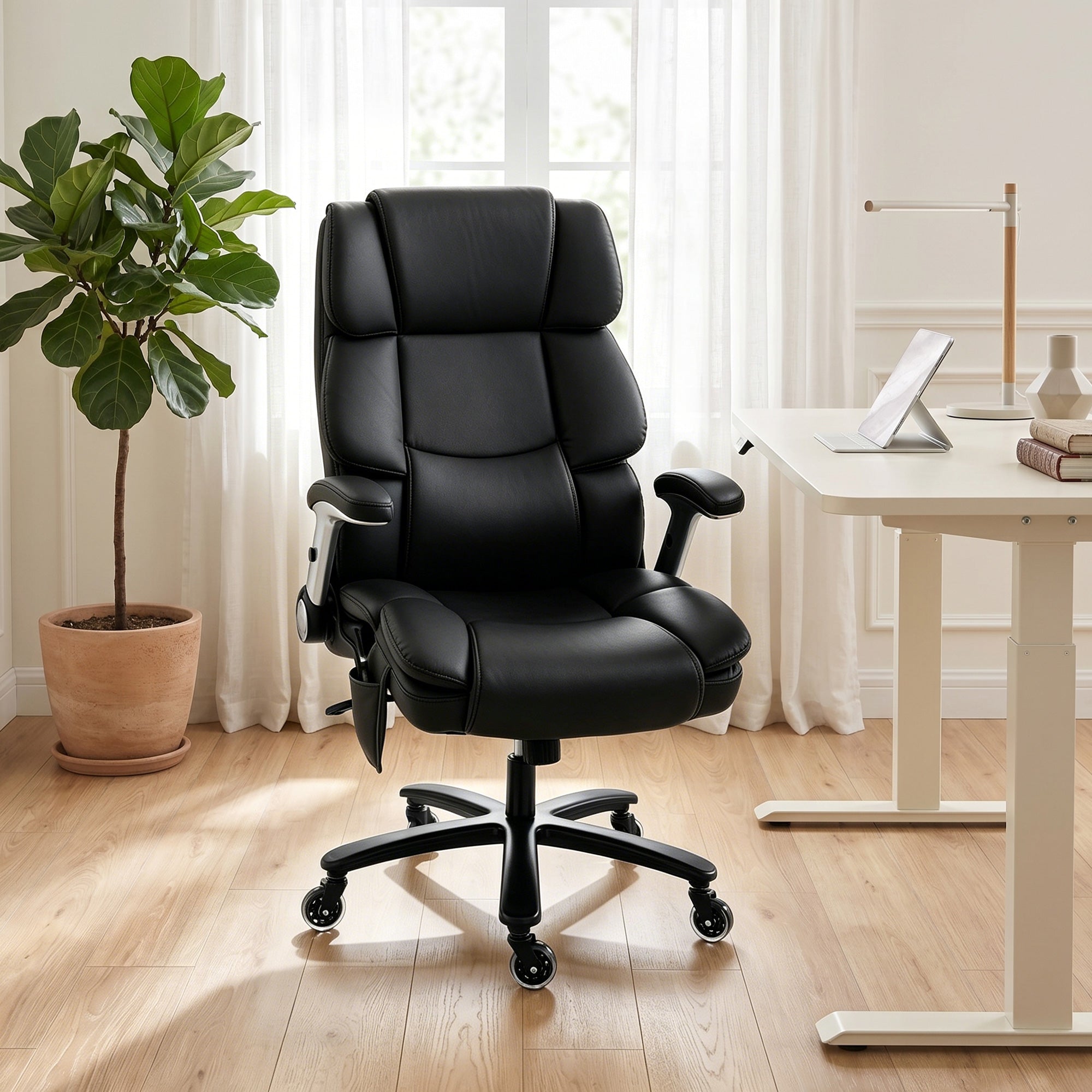 Heavy Duty Office Chair 400LBS with Airbag Lumbar Support, Pet-Friendly Fabric, Big and Tall Desk Chair with Flip-Up Armrests, Pocket Springs, Class 4 Gas Cylinder, Wide Seat, Black