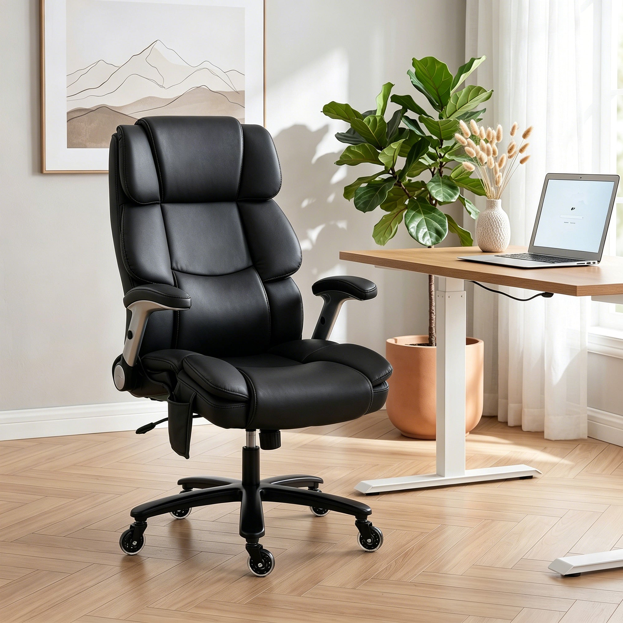 Heavy Duty Office Chair 400LBS with Airbag Lumbar Support, Pet-Friendly Fabric, Big and Tall Desk Chair with Flip-Up Armrests, Pocket Springs, Class 4 Gas Cylinder, Wide Seat, Black