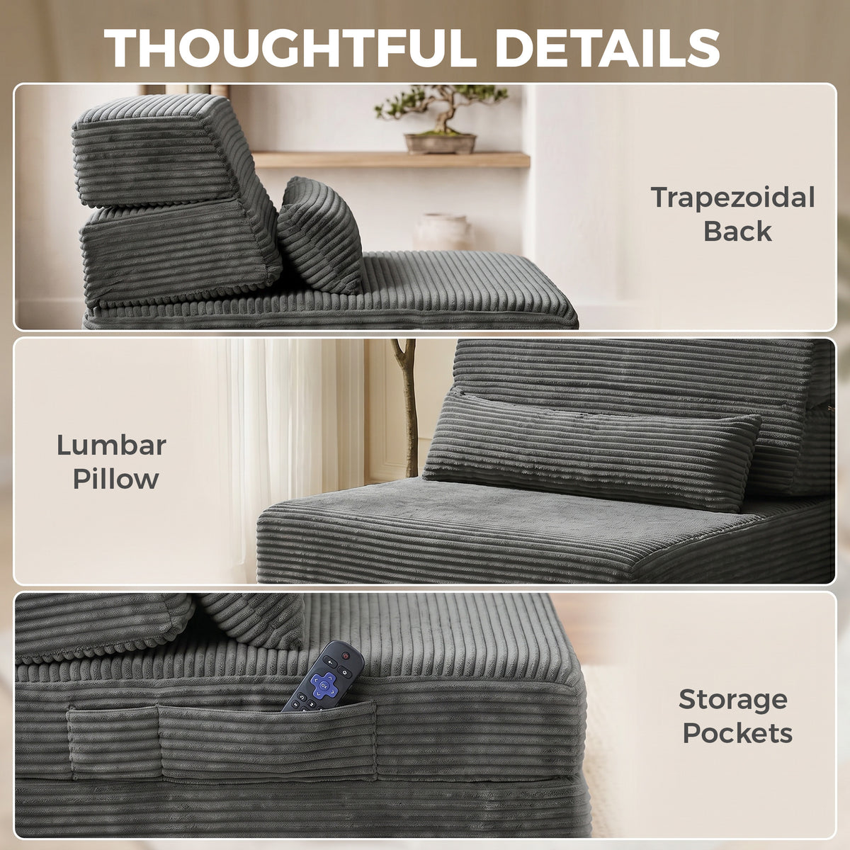 28" Folding Sofa Bed, Boneless Cloud Corduroy Sleeper Floor Chair, Floor Sofa with Back Support, Thick Cushion, Lumbar Pillow, Side Pockets for Living Room, Dark Grey