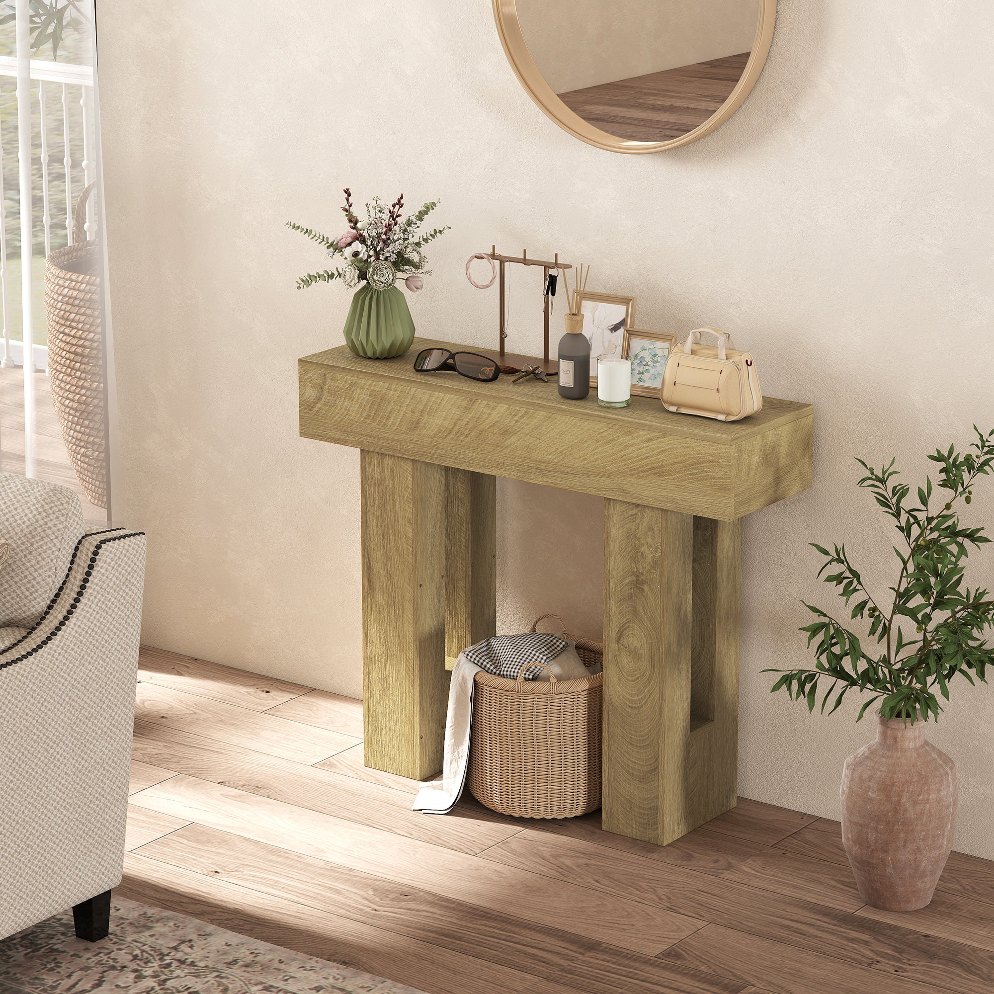 42 Inch Console Table, Narrow Farmhouse Entryway Table with Thickened Tabletop for Living Room, Hallway, Entrance, Oak
