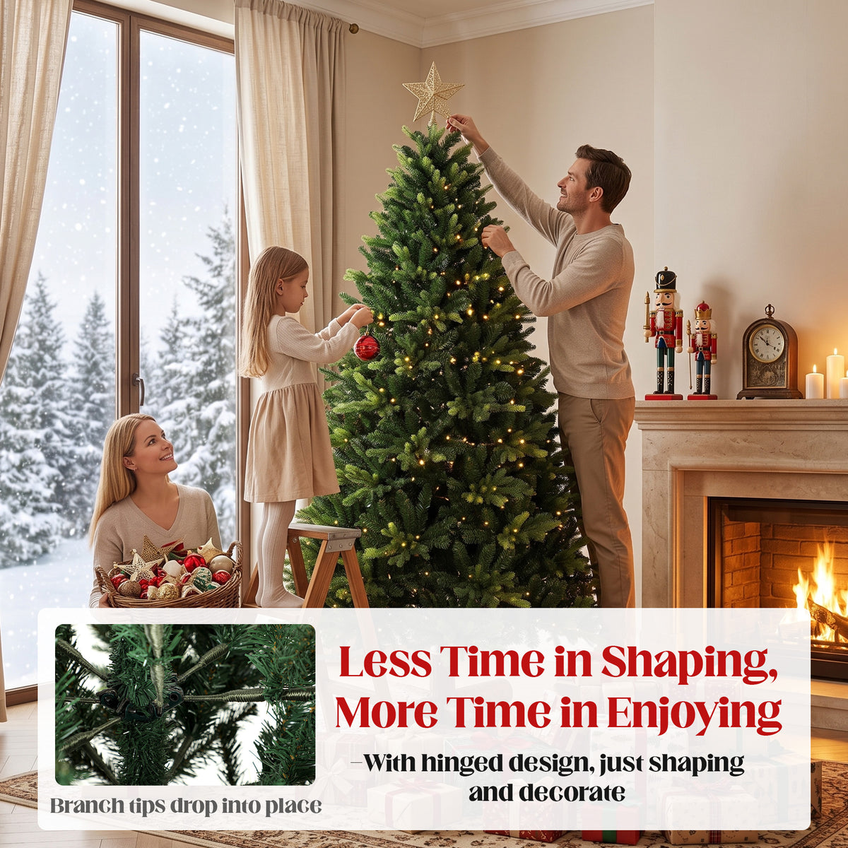 6ft Artificial Christmas Tree, Hinged Xmas Tree with 2419 PE & PVC Branch Tips, Solid Fir Wood Stand, Auto Open for Home Office Holiday Decoration, Green