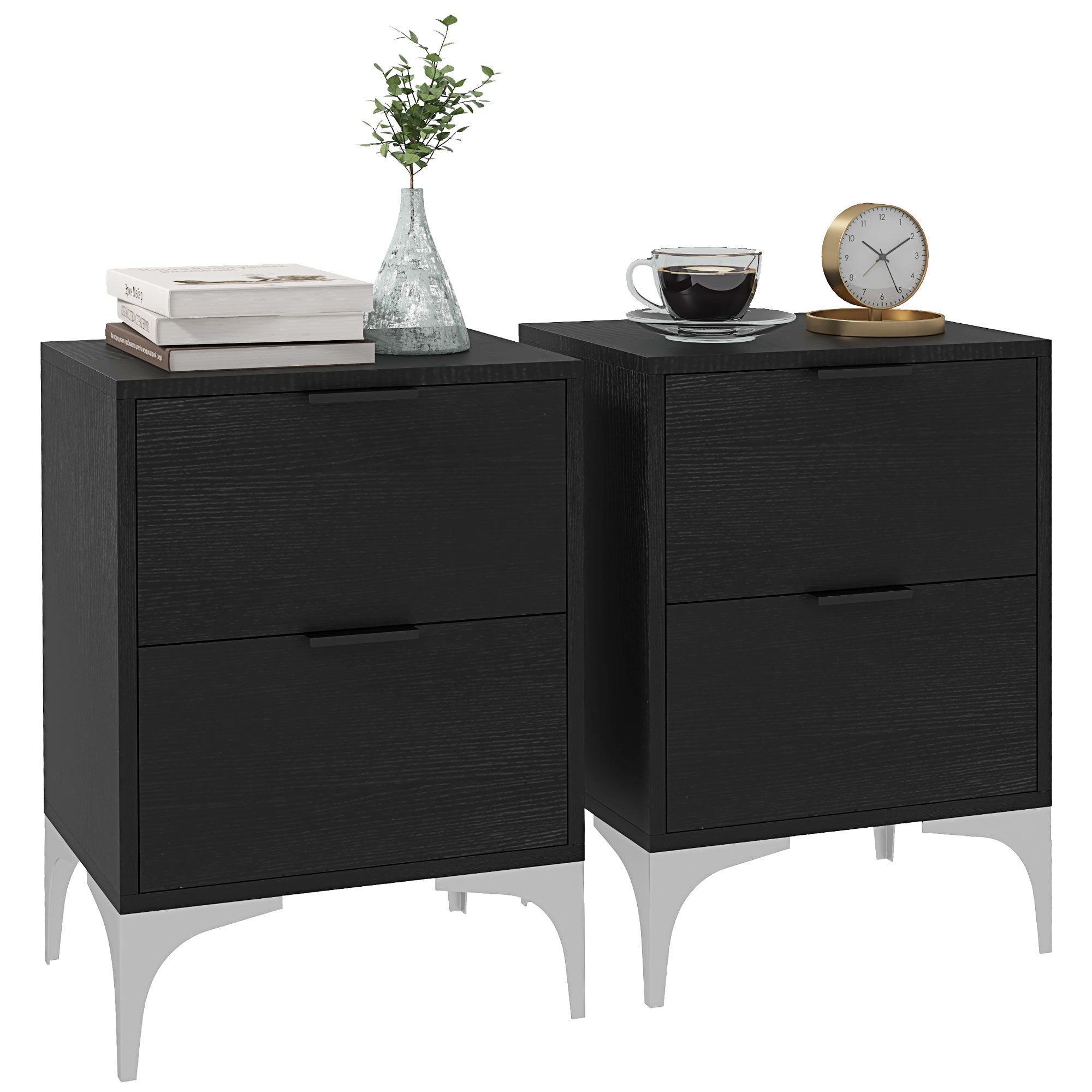HOMCOM Bedside Tables Set of 2, Modern Nightstand with 2 Drawers, Small Sofa End Tables with Storage and Steel Legs for Bedroom, Living Room, Black