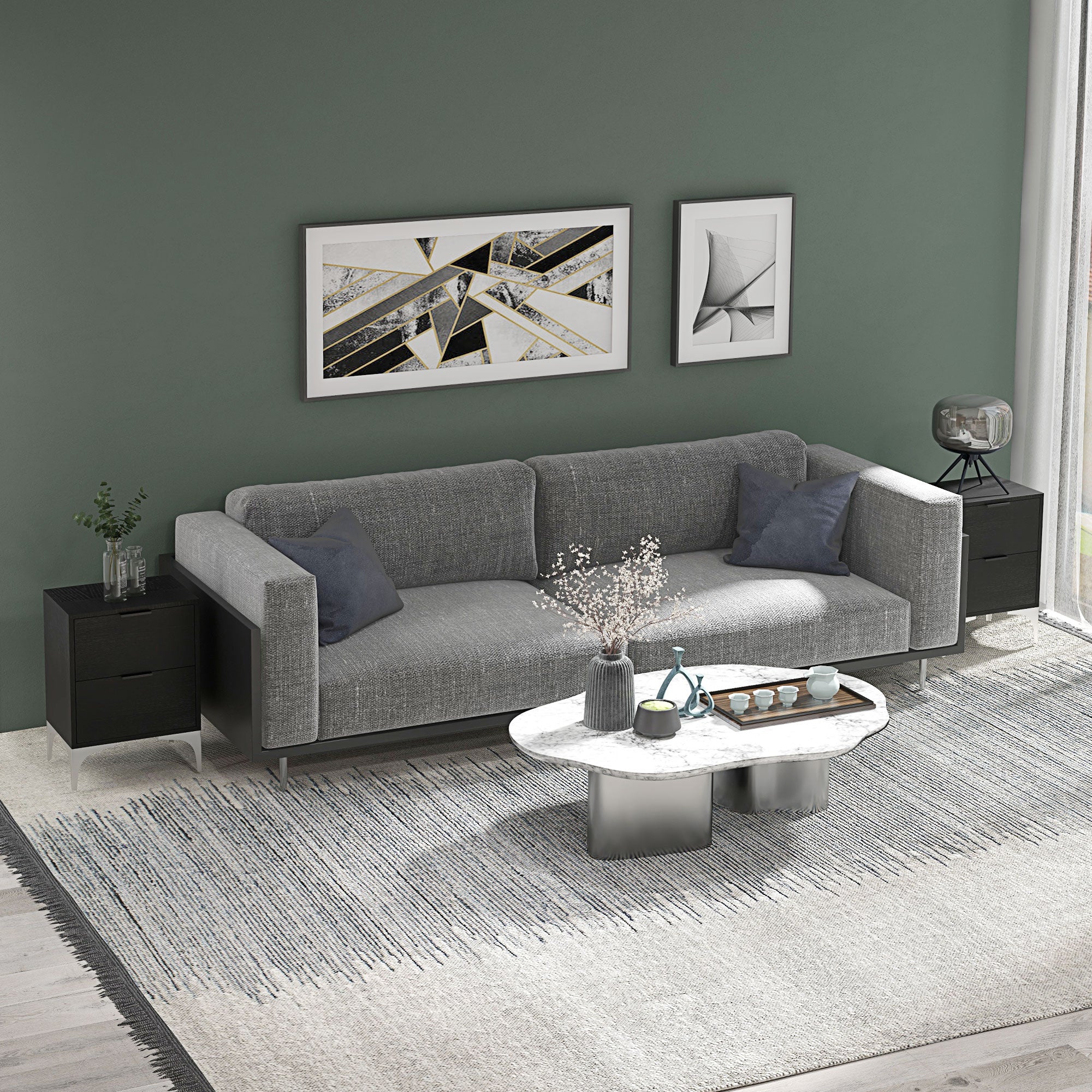 HOMCOM Bedside Tables Set of 2, Modern Nightstand with 2 Drawers, Small Sofa End Tables with Storage and Steel Legs for Bedroom, Living Room, Black