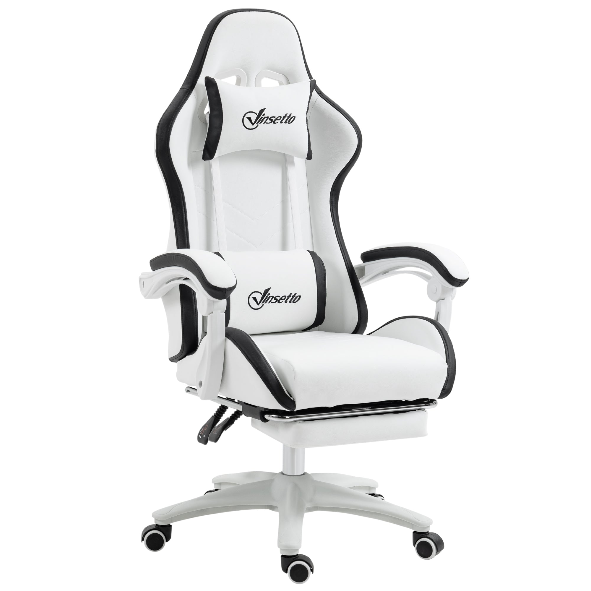 Vinsetto Computer Gaming Chair, PU Leather Desk Chair with Footrest, Swivel Task Chair with 135° Reclining Back and Lumbar Support, PC Chair for Adults, White and Black