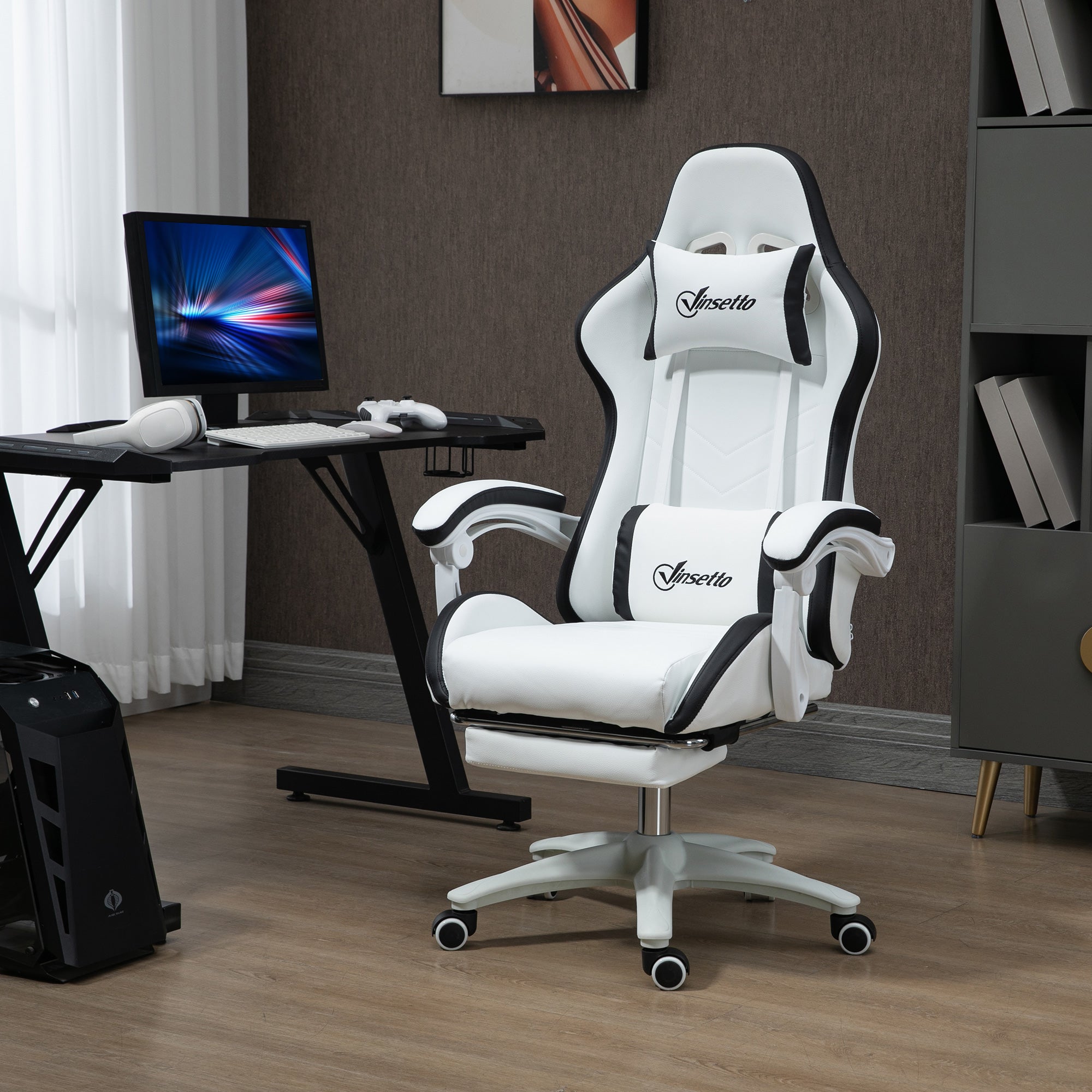 Vinsetto Computer Gaming Chair, PU Leather Desk Chair with Footrest, Swivel Task Chair with 135° Reclining Back and Lumbar Support, PC Chair for Adults, White and Black