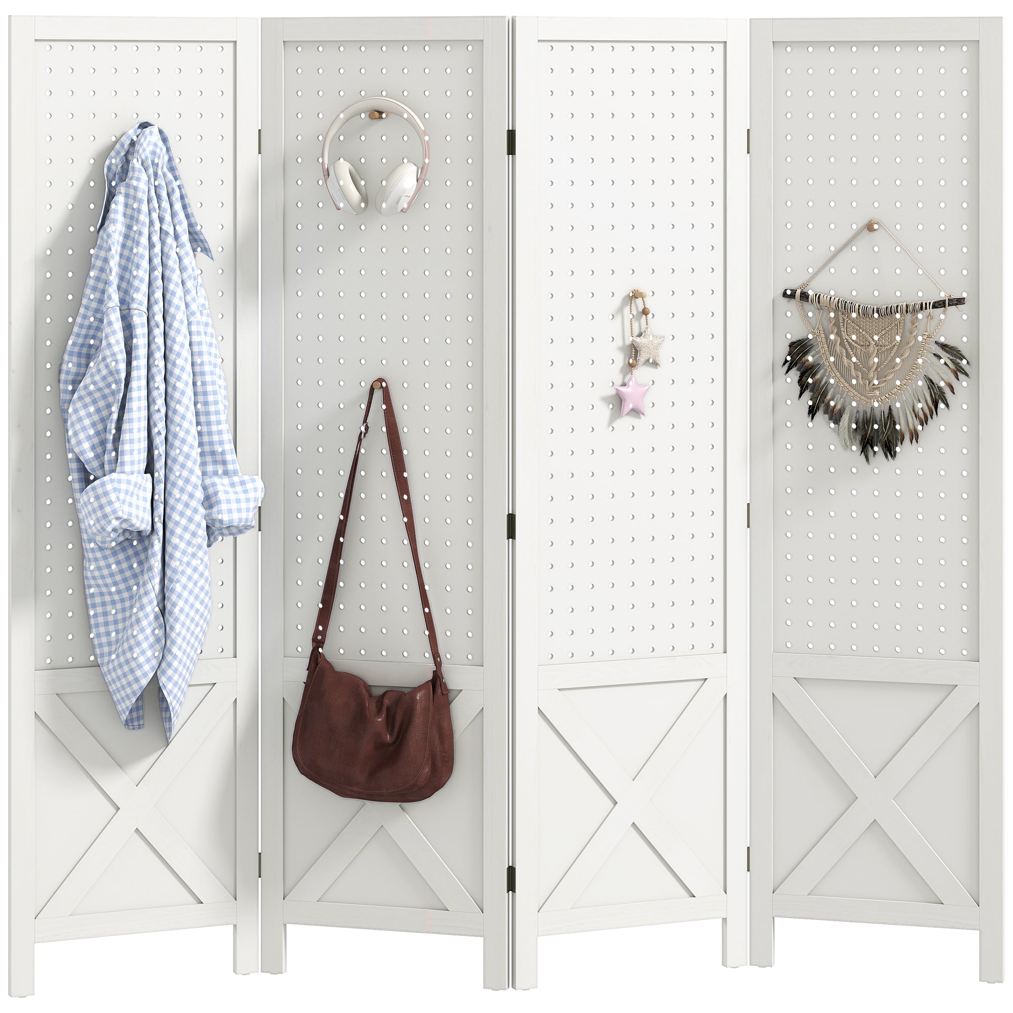 4 Panel Pegboard Display Room Divider, 56.9" Tall Wood Indoor Portable Folding Privacy Screen, Partition Wall Divider for Bedroom, White