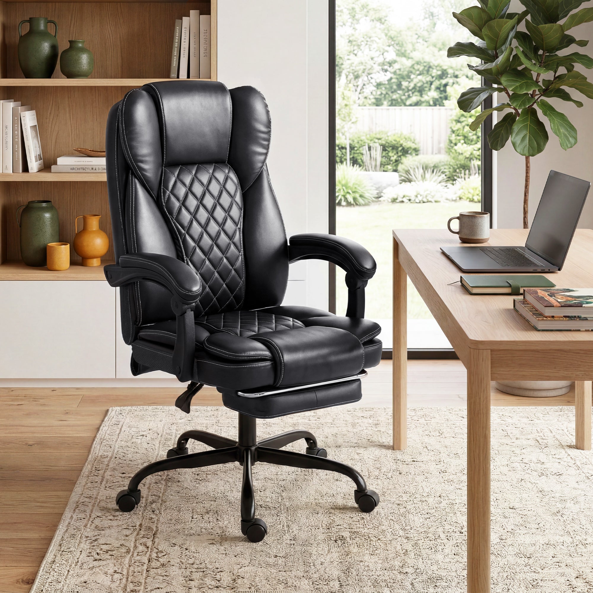 High-Back Executive Home Office Chair, PU Leather Computer Desk Chair with 360 Degree Swivel, Reclining Function, Retractable Footrest and Adjustable Height, Black