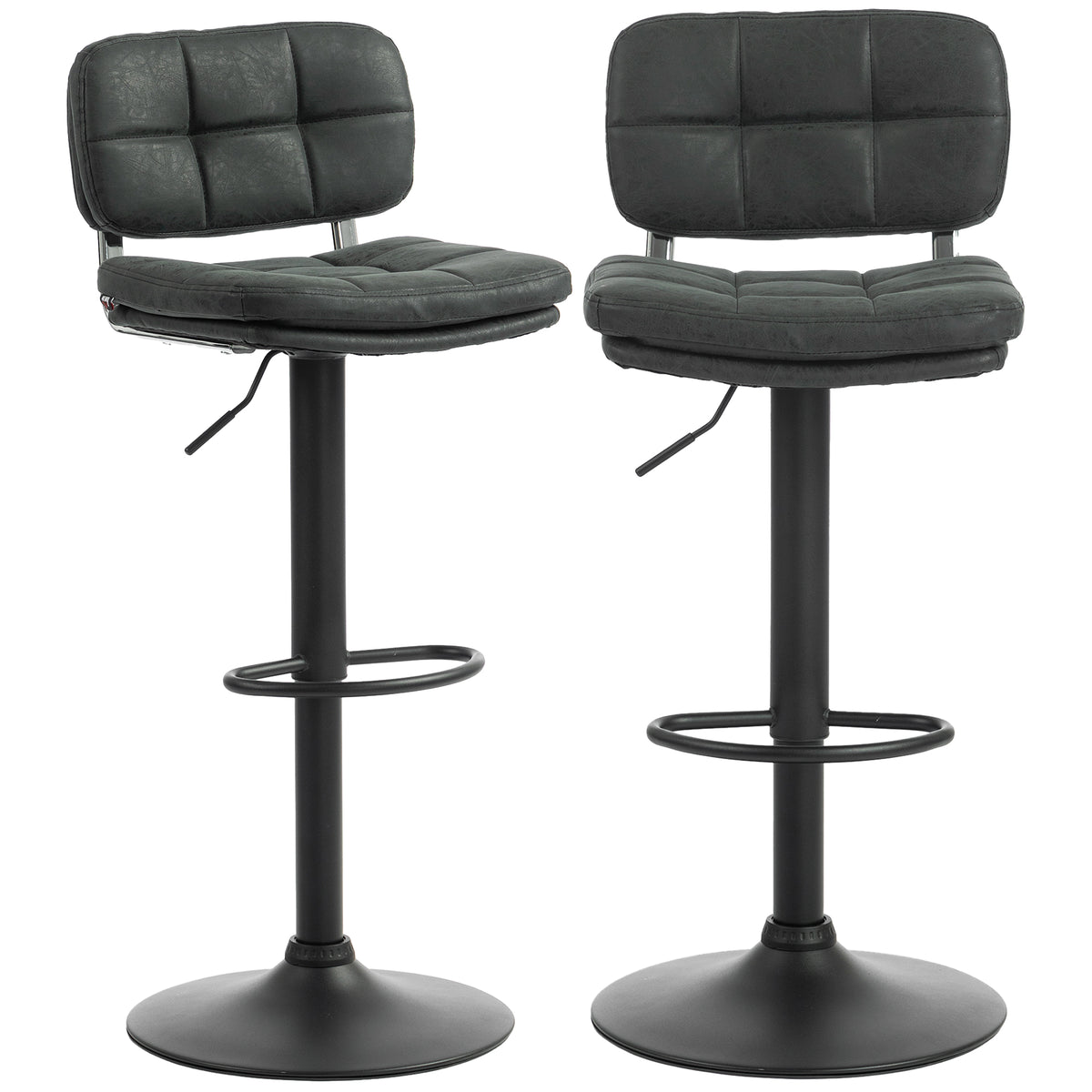 Bar Stools Set of 2, Swivel Counter Height Barstools with Adjustable Height, Back and Footrest, PU Leather Upholstered Bar Chairs for Home Kitchen Island, Black