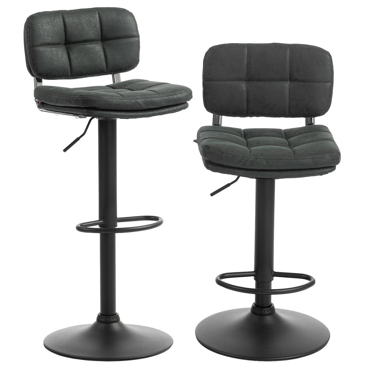 Bar Stools Set of 2, Swivel Counter Height Barstools with Adjustable Height, Back and Footrest, PU Leather Upholstered Bar Chairs for Home Kitchen Island, Black