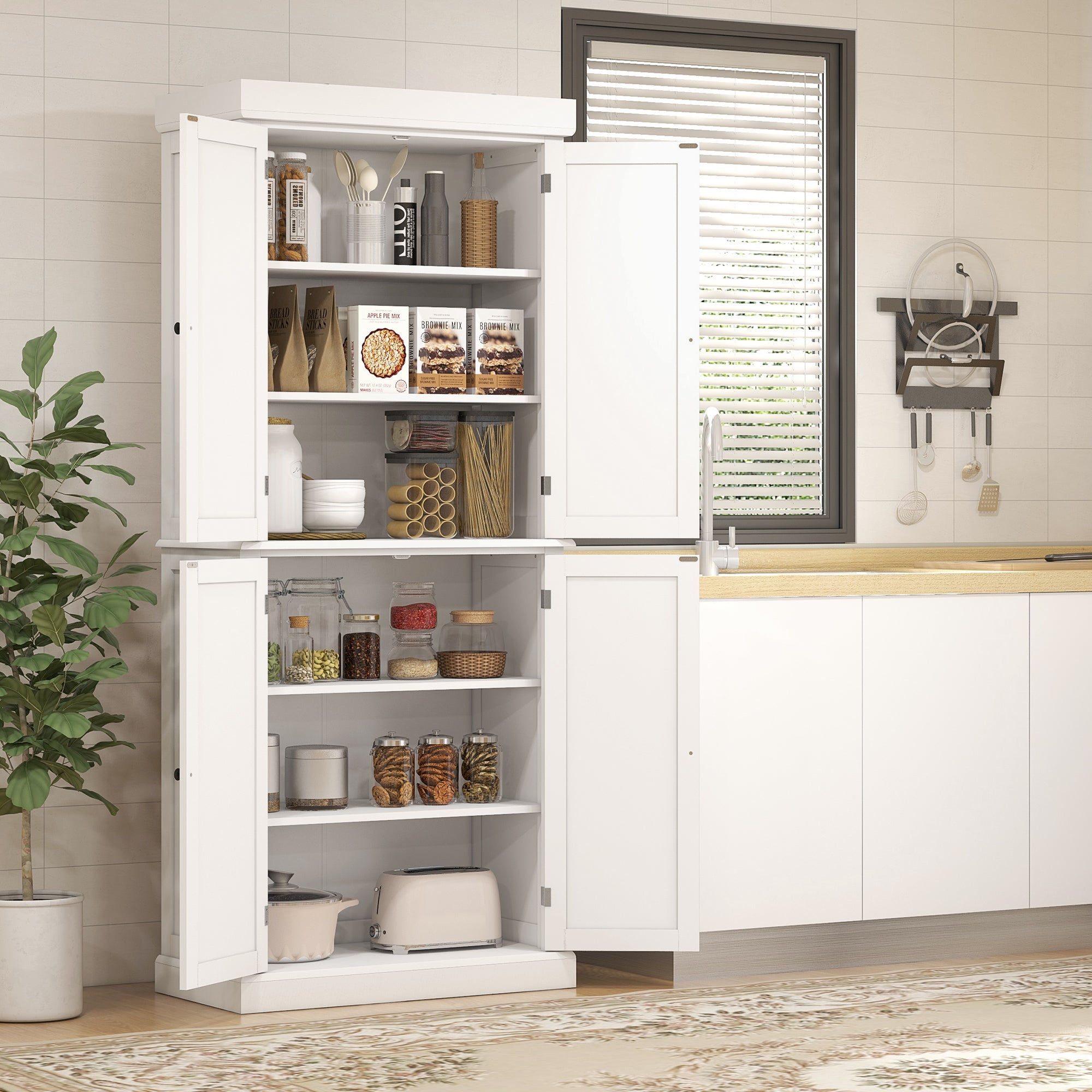 184cm Freestanding Kitchen Cupboard with 4 Doors, Modern Storage Cabinet Organizer with 6-Tier Shelving and 4 Adjustable Shelves, White