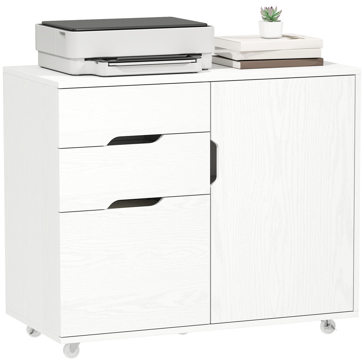 Lateral File Cabinet with Cabinet, Home Office Printer Stand, 3-Drawer Mobile Filing Cabinet, Lockable Wheels, Adjustable Shelf, for A4, Letter-Size Files, White Wood Grain