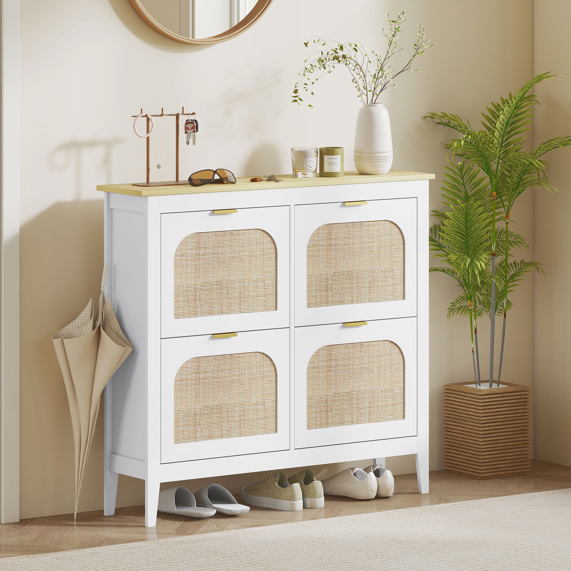 Shoe Storage Cabinet with 4 Flip Drawers, Boho Slim Shoe Cabinet with Rattan Doors for Entryway, Hallway, Holds 20 Pairs, White