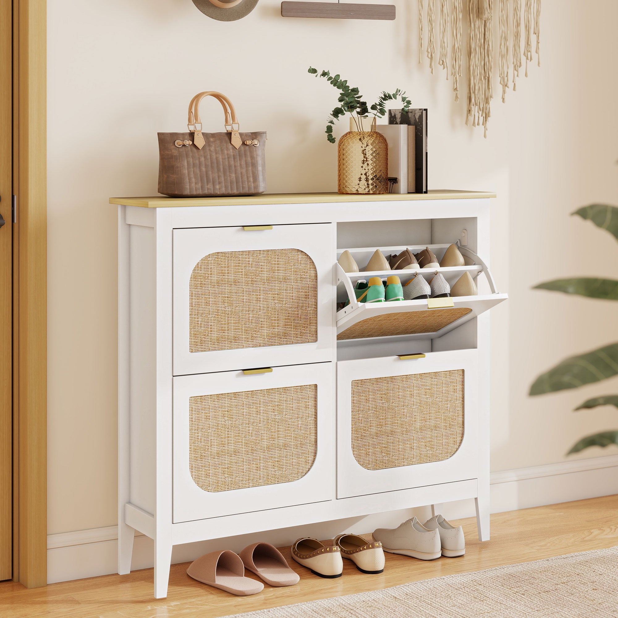 Shoe Storage Cabinet with 4 Flip Drawers, Boho Slim Shoe Cabinet with Rattan Doors for Entryway, Hallway, Holds 20 Pairs, White