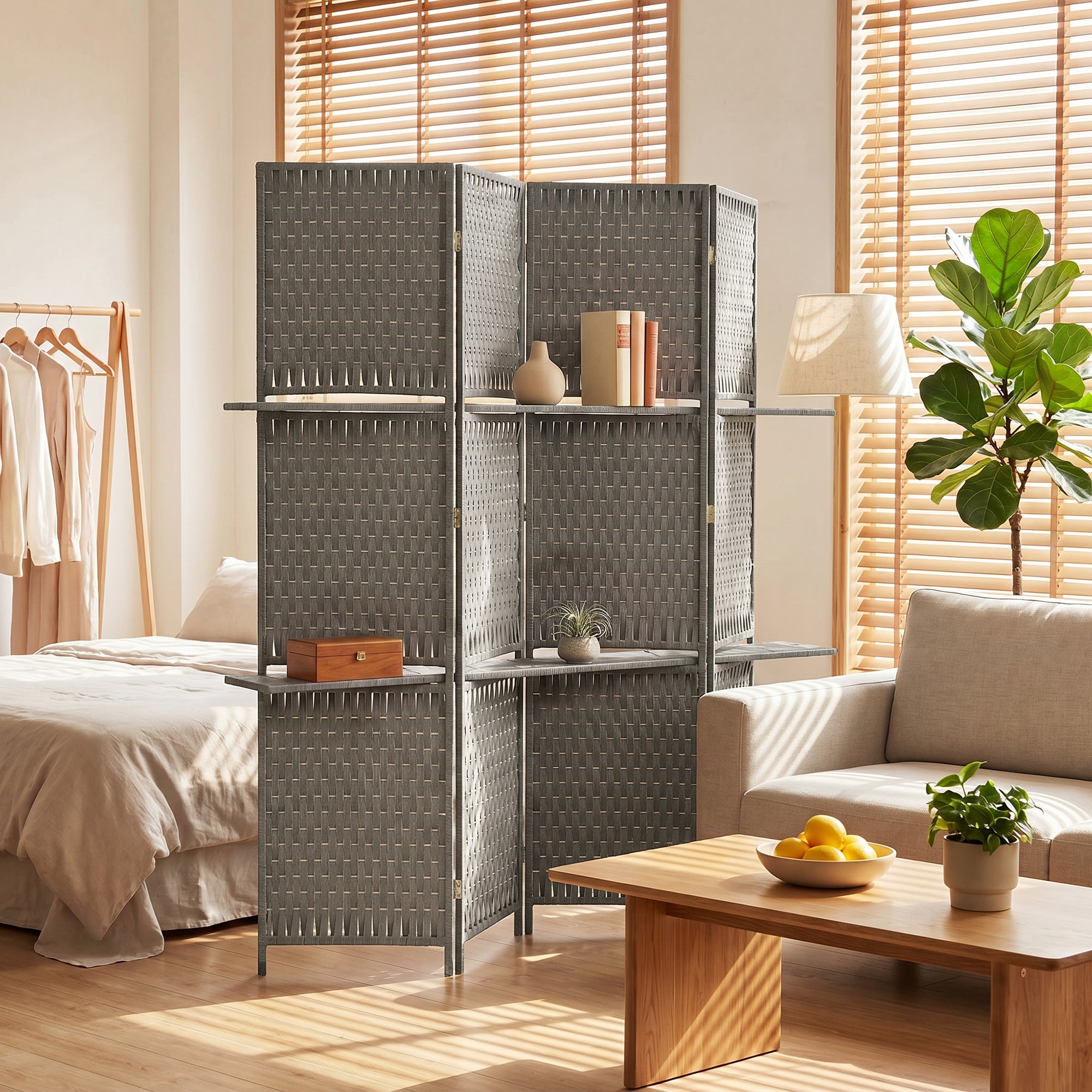 4-Panel Room Divider with Shelves, Wave Fibre Freestanding Folding Privacy Screen Panels, Partition Wall Divider for Indoor Bedroom Office, 180 cm, Grey