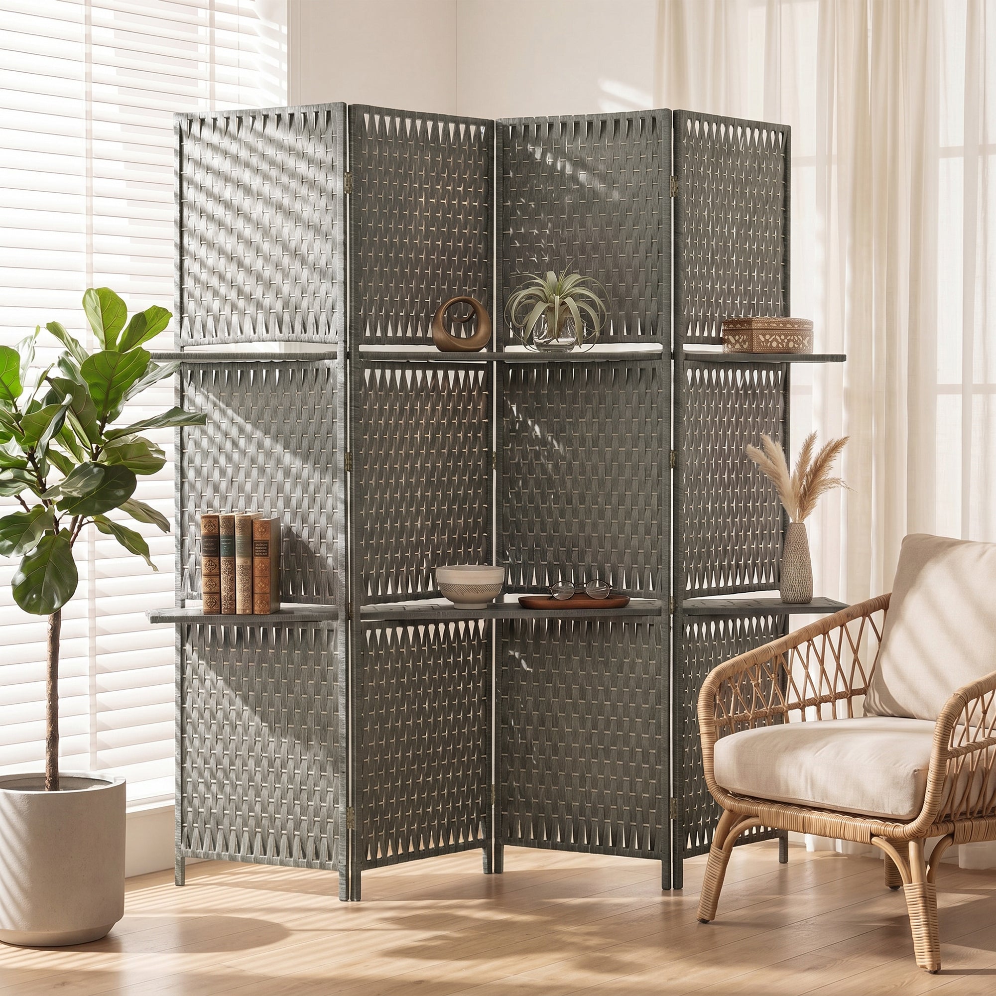 4-Panel Room Divider with Shelves, Wave Fibre Freestanding Folding Privacy Screen Panels, Partition Wall Divider for Indoor Bedroom Office, 180 cm, Grey