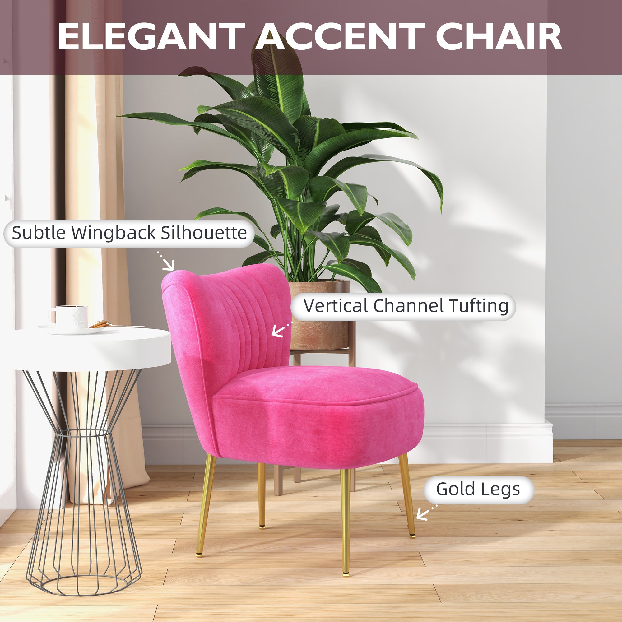 HOMCOM Modern Armless Accent Chair, Upholstered Slipper Chair for Bedroom, Velvet Wingback Living Room Chair with Gold Steel Legs and Tufted Back, Pink