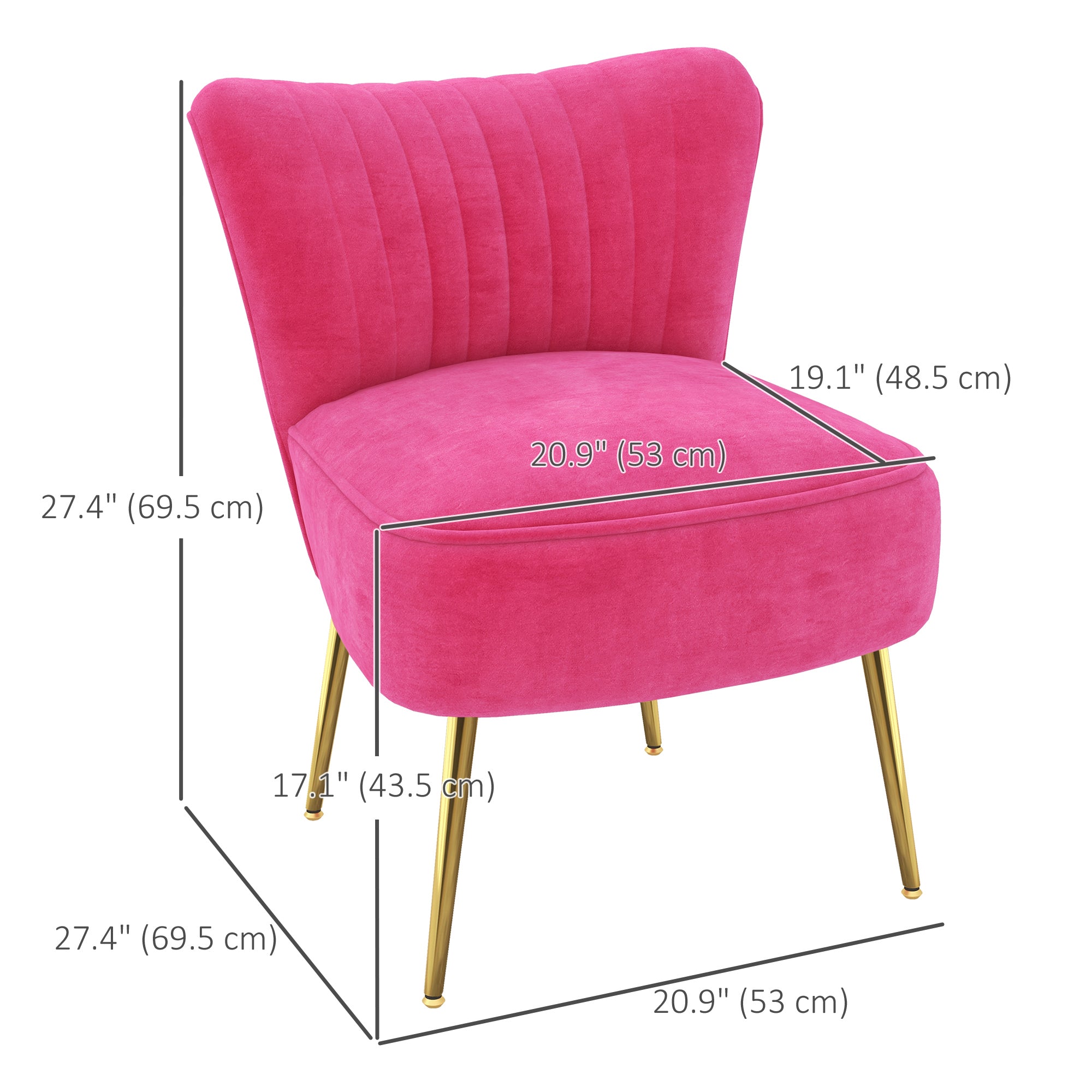 HOMCOM Modern Armless Accent Chair, Upholstered Slipper Chair for Bedroom, Velvet Wingback Living Room Chair with Gold Steel Legs and Tufted Back, Pink