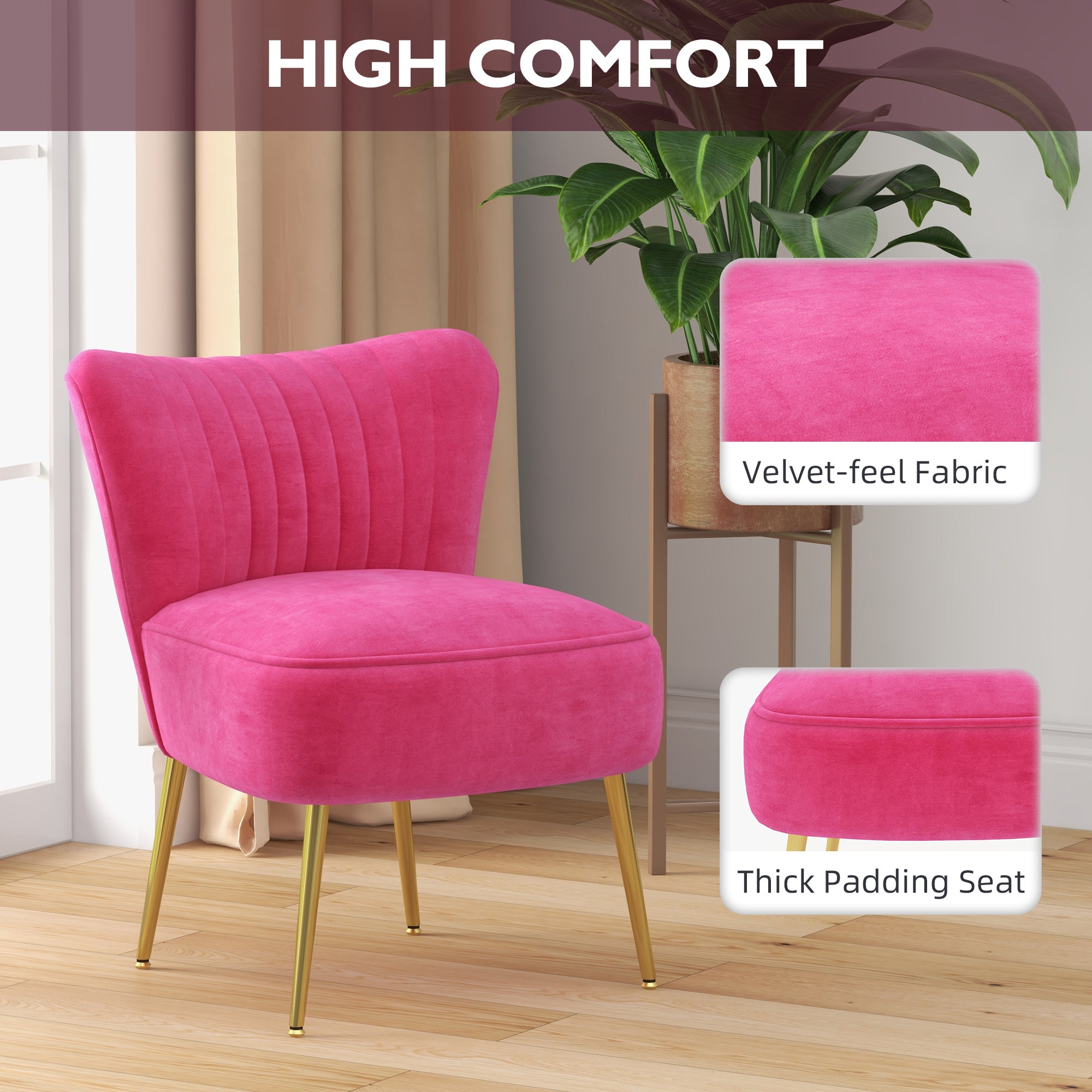 HOMCOM Modern Armless Accent Chair, Upholstered Slipper Chair for Bedroom, Velvet Wingback Living Room Chair with Gold Steel Legs and Tufted Back, Pink