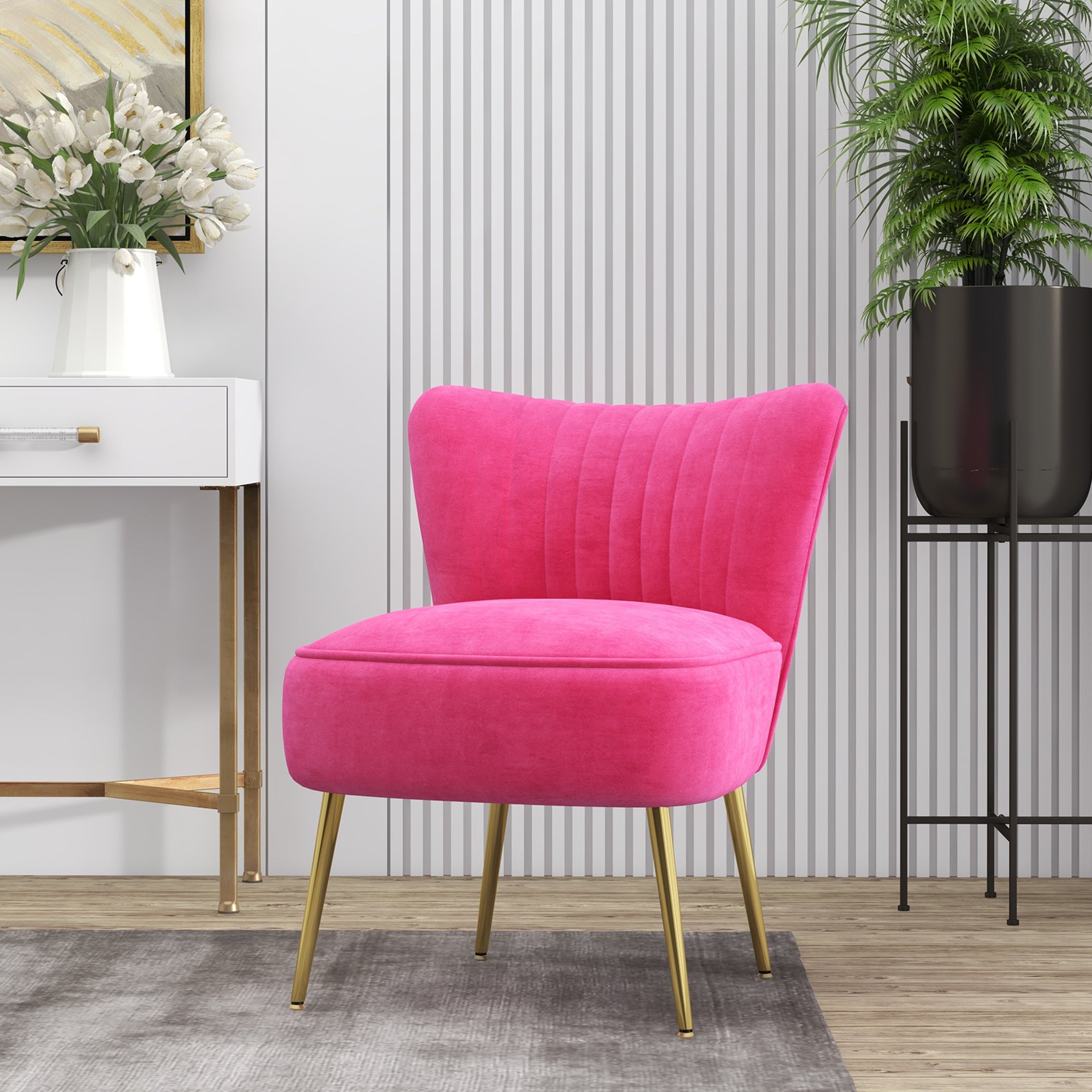 HOMCOM Modern Armless Accent Chair, Upholstered Slipper Chair for Bedroom, Velvet Wingback Living Room Chair with Gold Steel Legs and Tufted Back, Pink