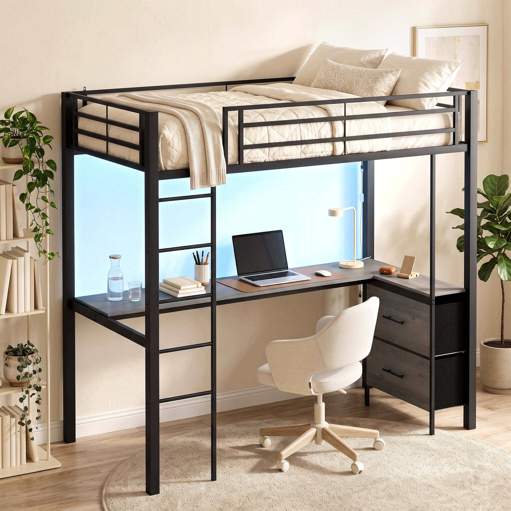 Metal Bunk Bed with Desk, High Sleeper Bed with LED Light and Safety Guardrail, Space-Saving Bedroom Dormitory Single Loft Frame for Teens Adults, No Box Spring Needed, Black