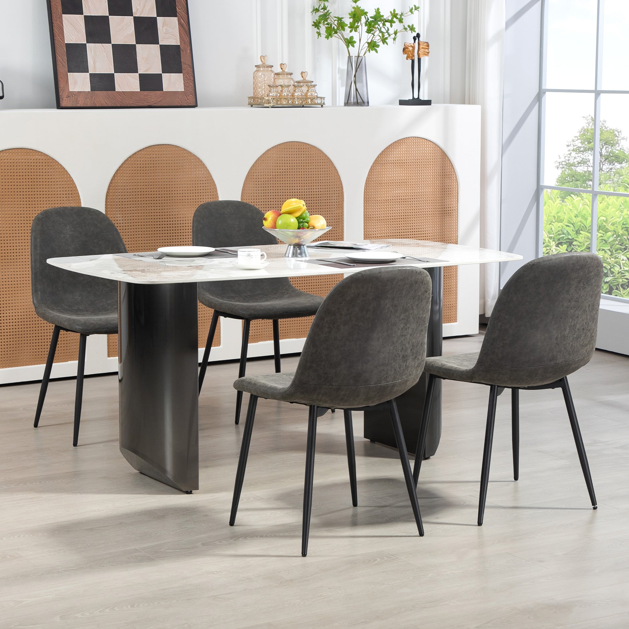 HOMCOM Dining Chairs Set of 4, Retro Kitchen Chairs with PU Leather Upholstery, Wide Seat and Steel Base for Living Room and Dining Room, Dark Grey