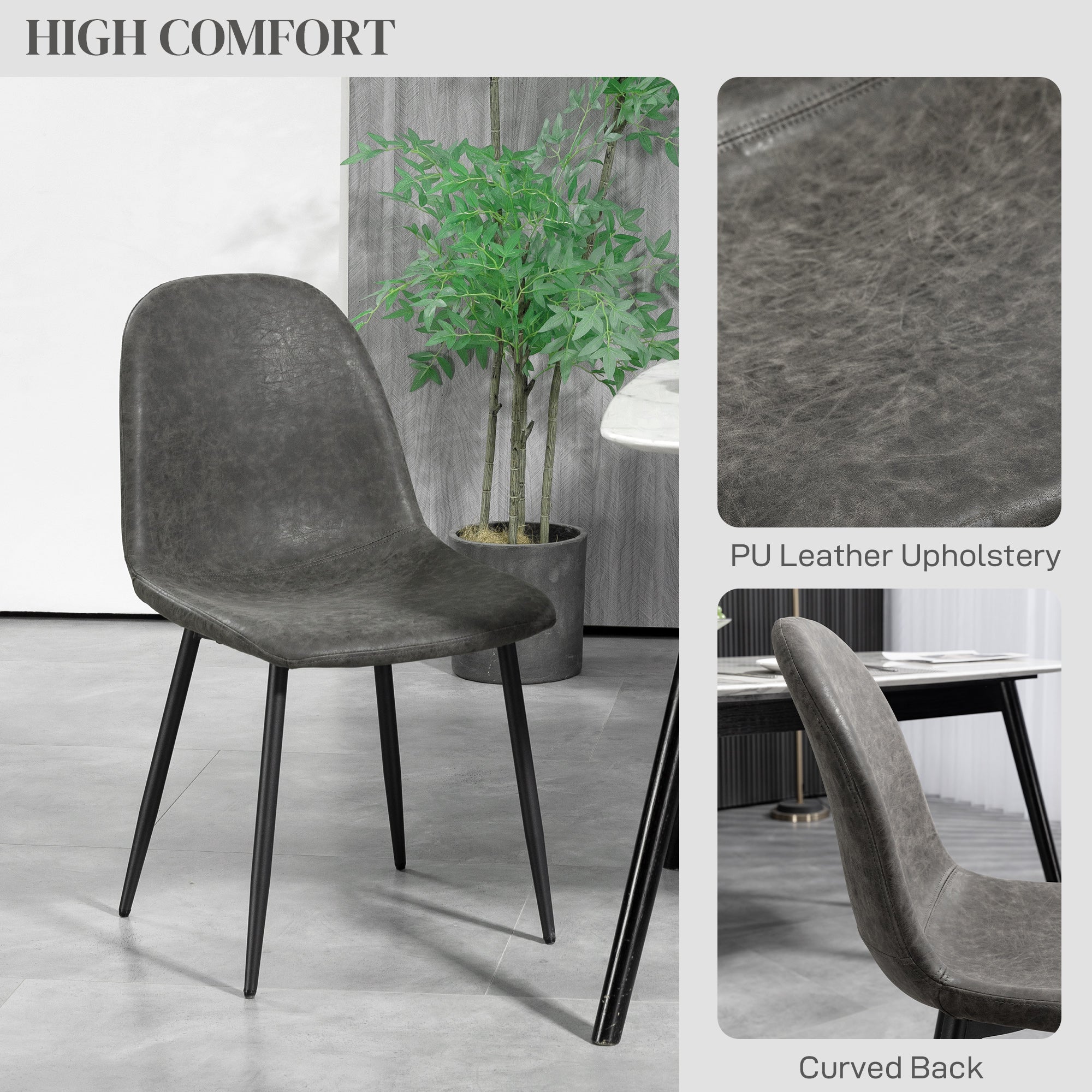 HOMCOM Dining Chairs Set of 4, Retro Kitchen Chairs with PU Leather Upholstery, Wide Seat and Steel Base for Living Room and Dining Room, Dark Grey
